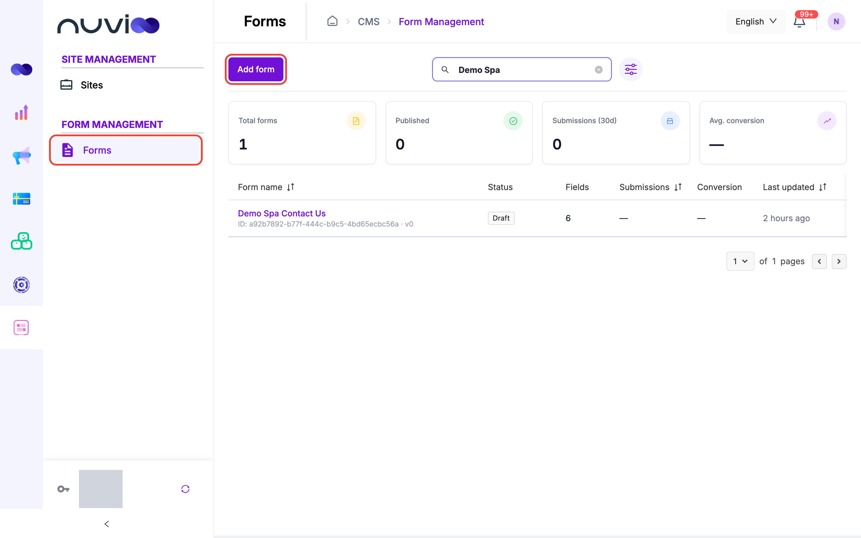 Forms list with totals and a draft form