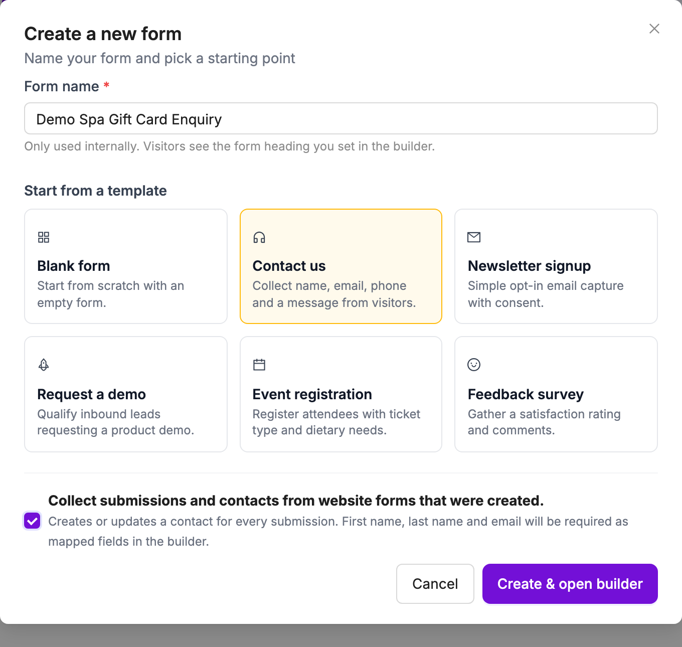 Create a new form dialog with name, templates and the contact option