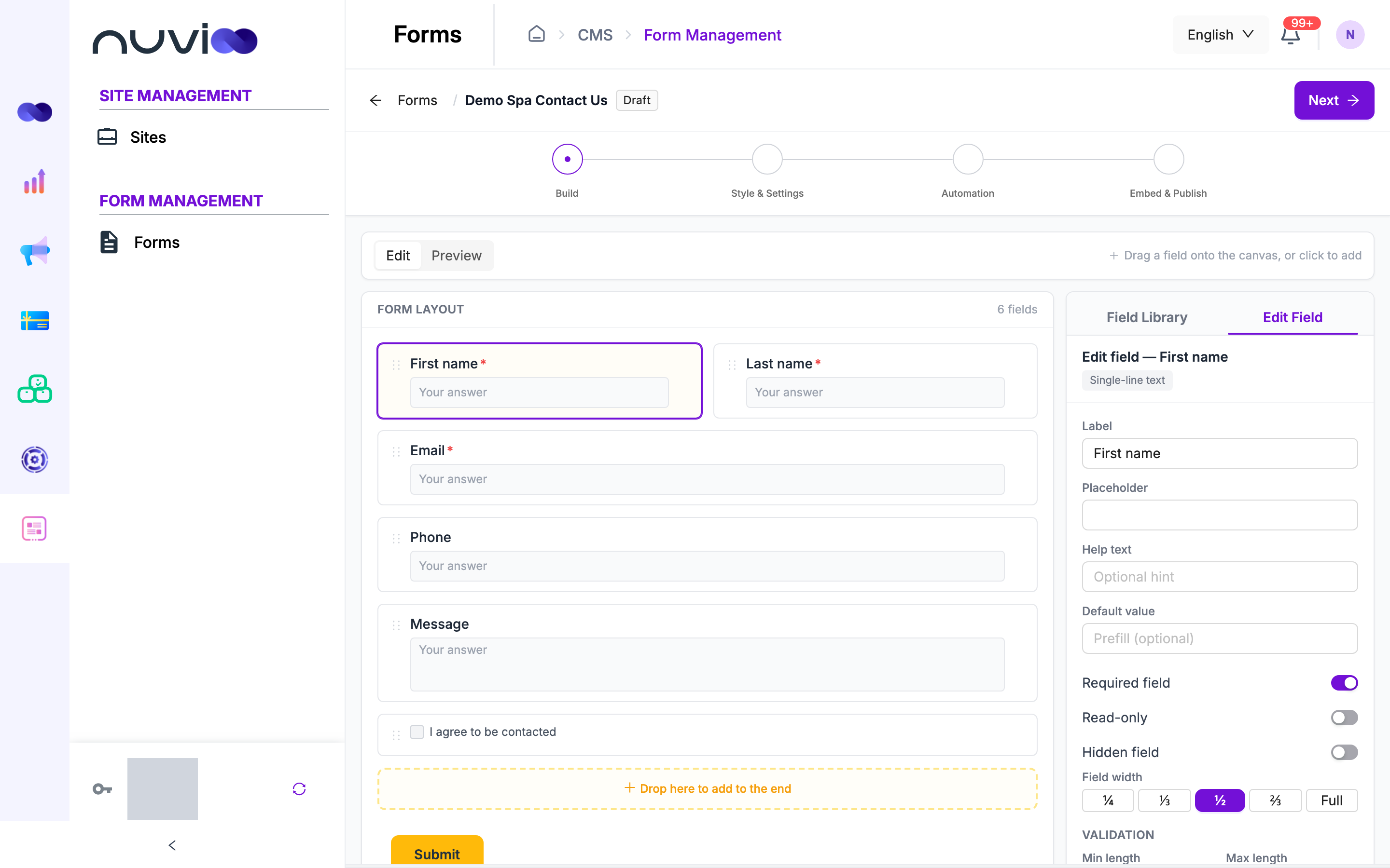 Form builder with name, email, phone and message fields and the field editor