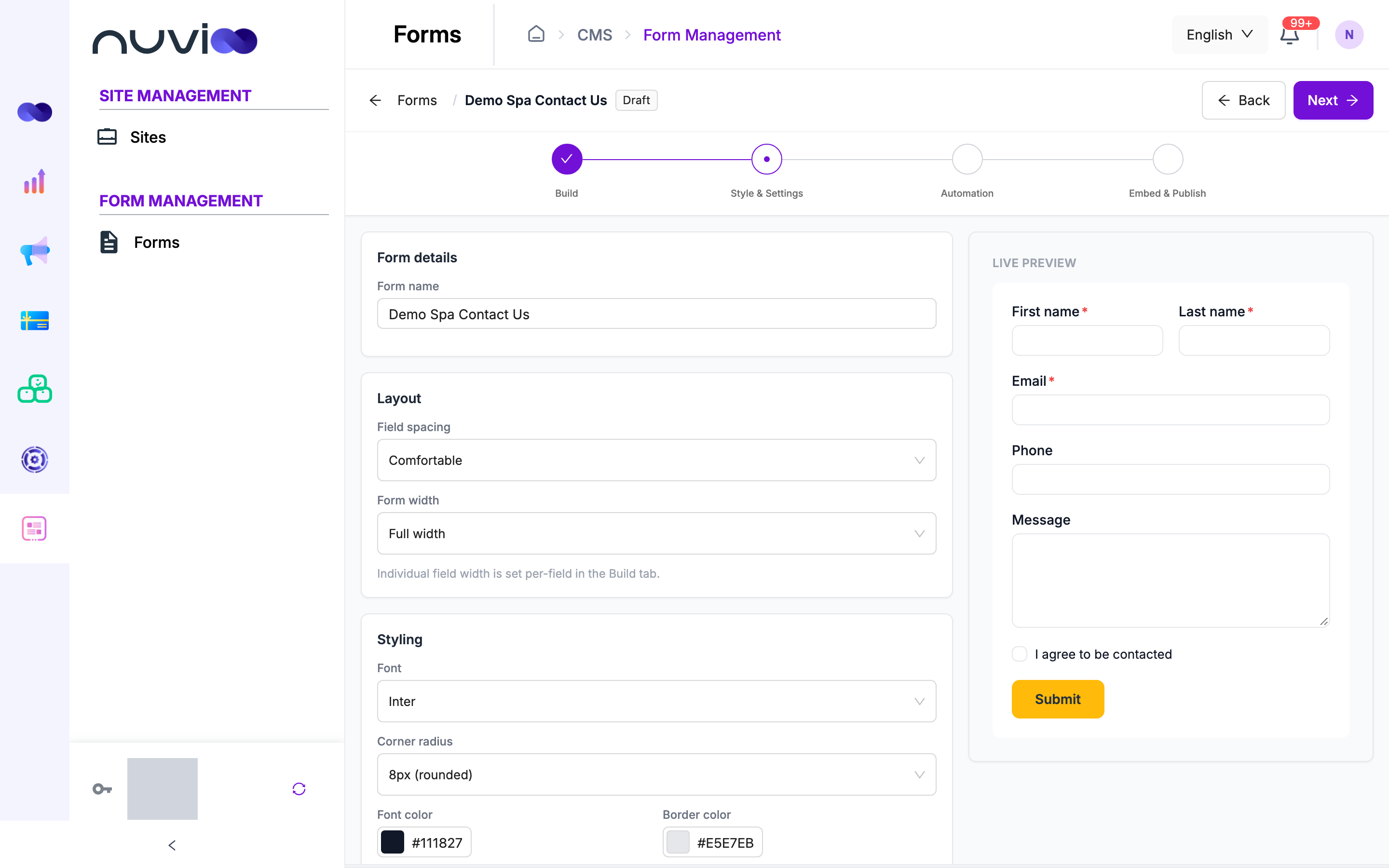 Style and settings step with layout and styling options and a live preview