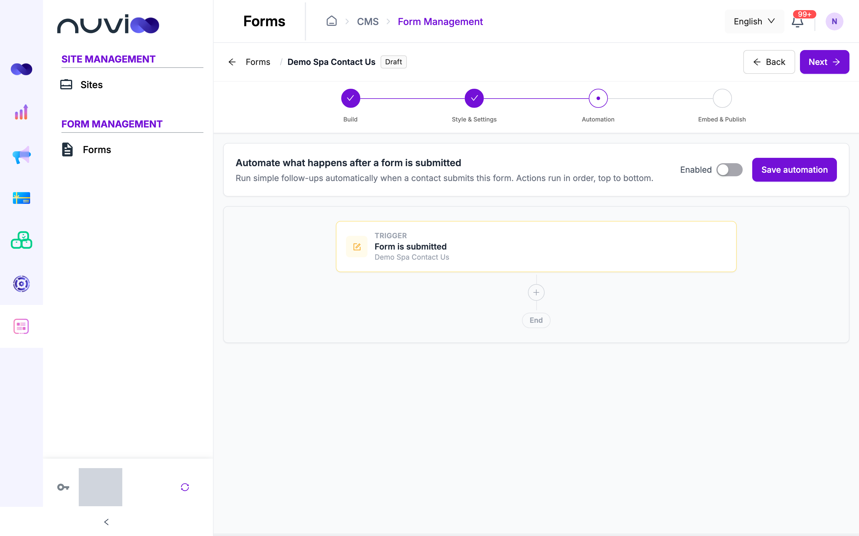 Automation step with the Form is submitted trigger and the Enabled switch
