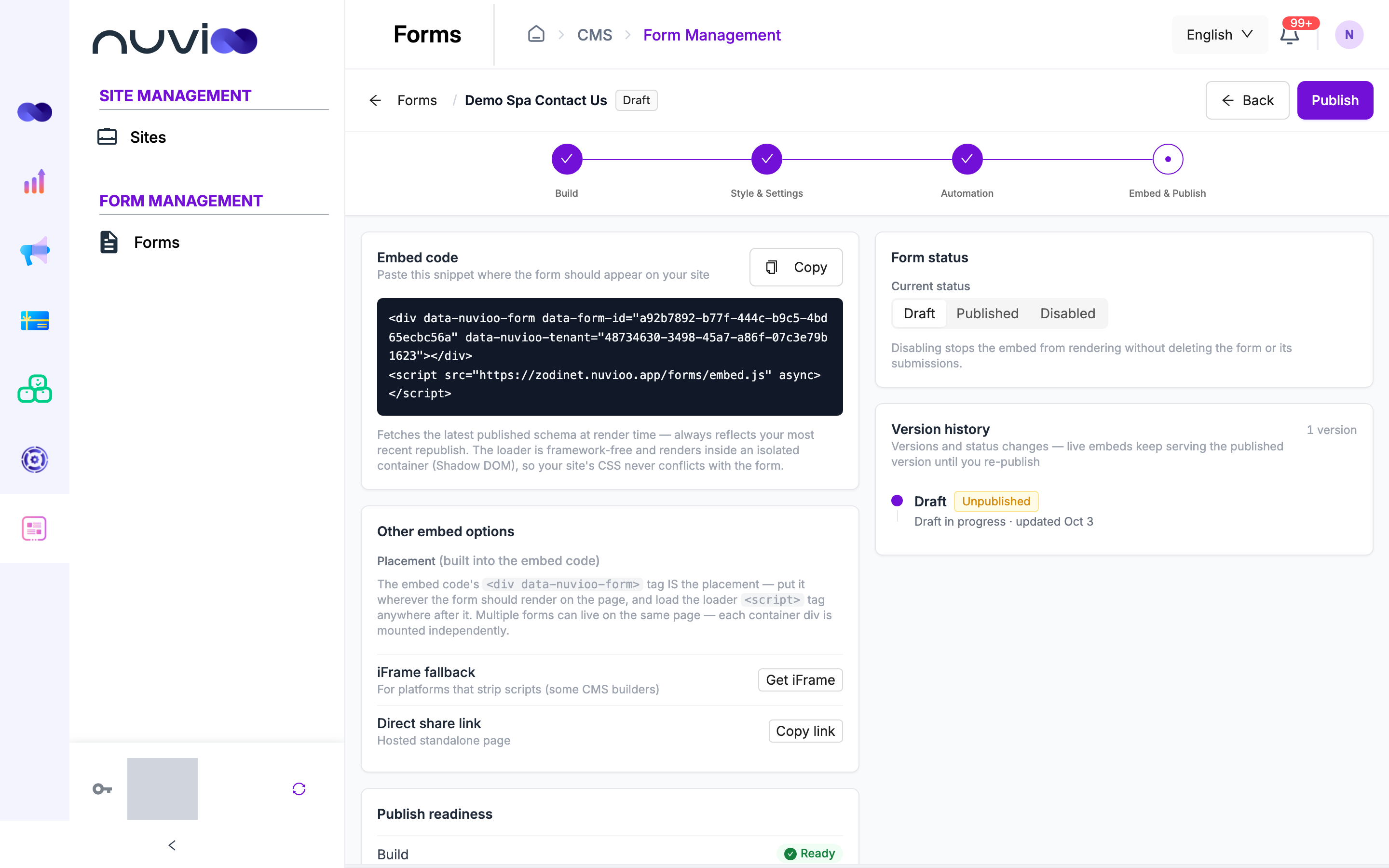 Embed and publish step with embed code, other embed options, form status and version history