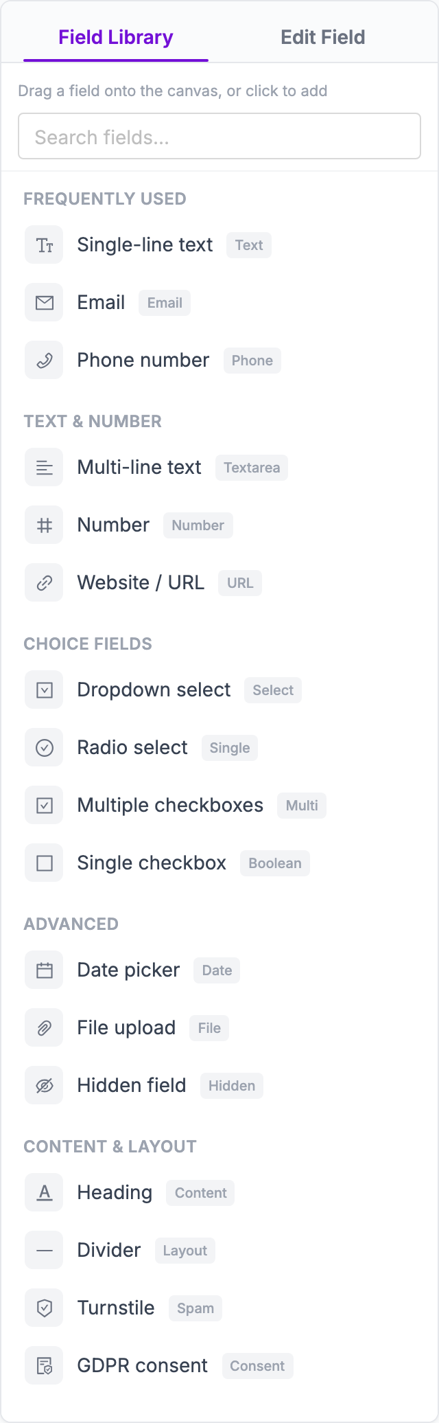 Field Library tab with search and the Frequently used, Text and number and Choice fields groups
