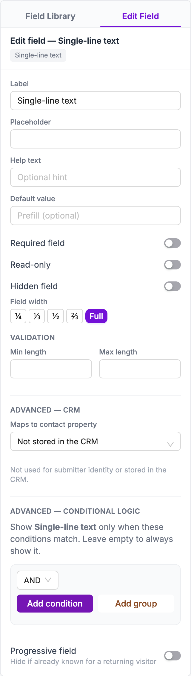 Edit Field tab for a Single-line text field with placeholder, help text, default value, toggles, width and length validation