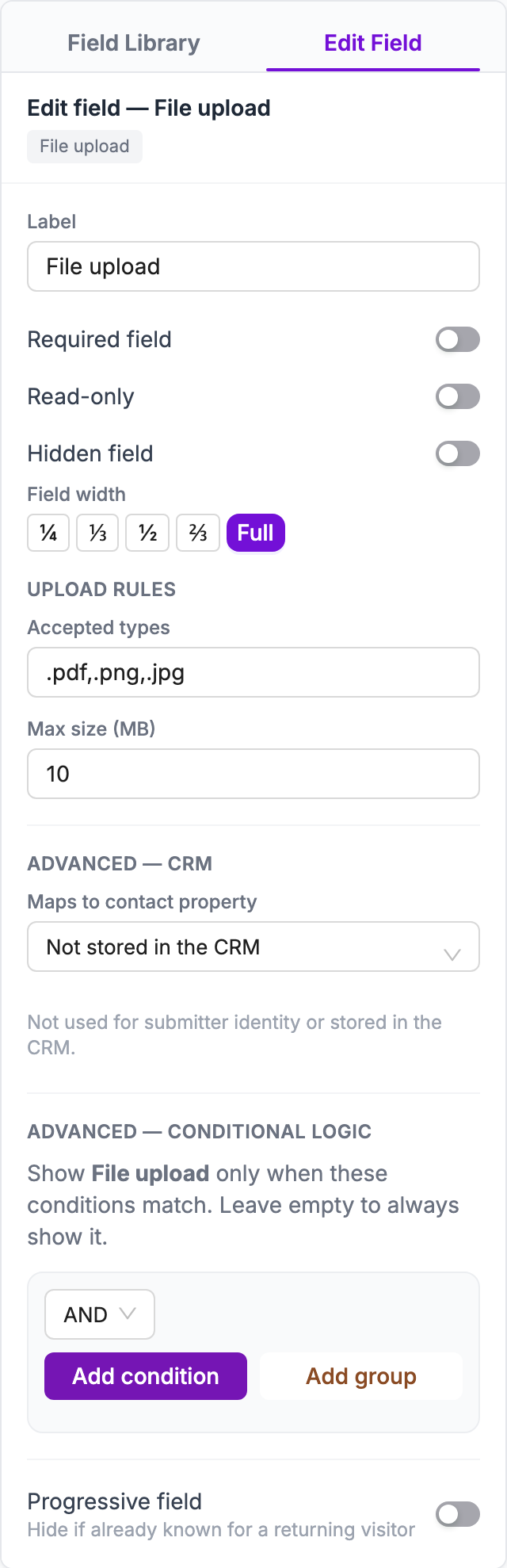 Edit Field tab for a File upload field with accepted types and maximum size