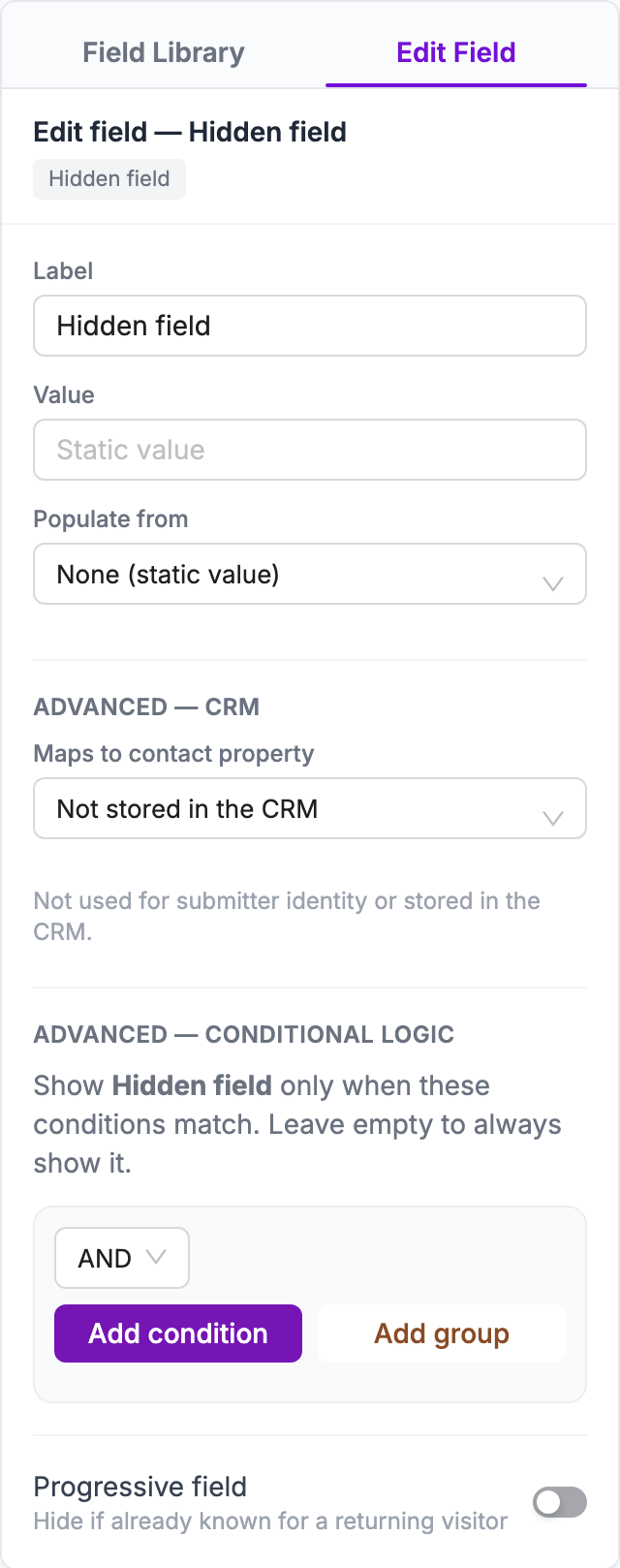 Edit Field tab for a Hidden field with Populate from and Value