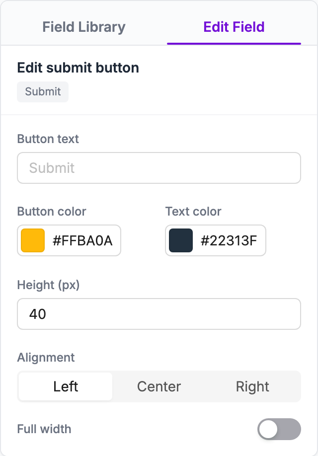 Edit submit button panel with text, colors, height, alignment and full width