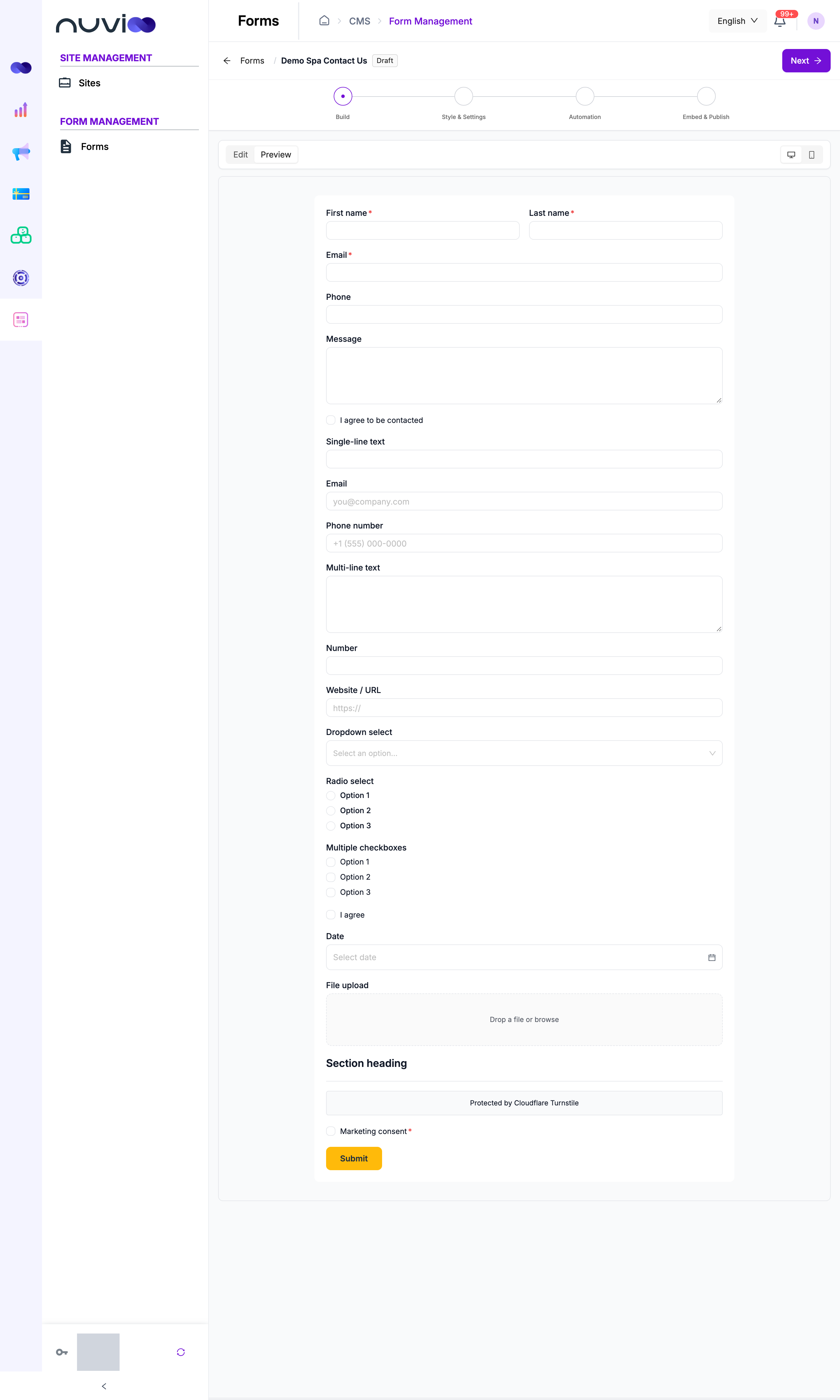 Form preview showing text, email, phone, multi-line, number, URL, dropdown, radio, checkboxes, single checkbox, date, file upload, heading, divider, Turnstile and marketing consent fields