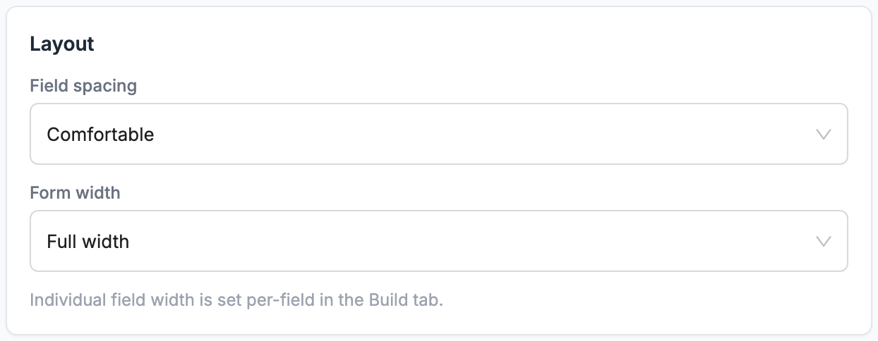 Layout card with field spacing and form width