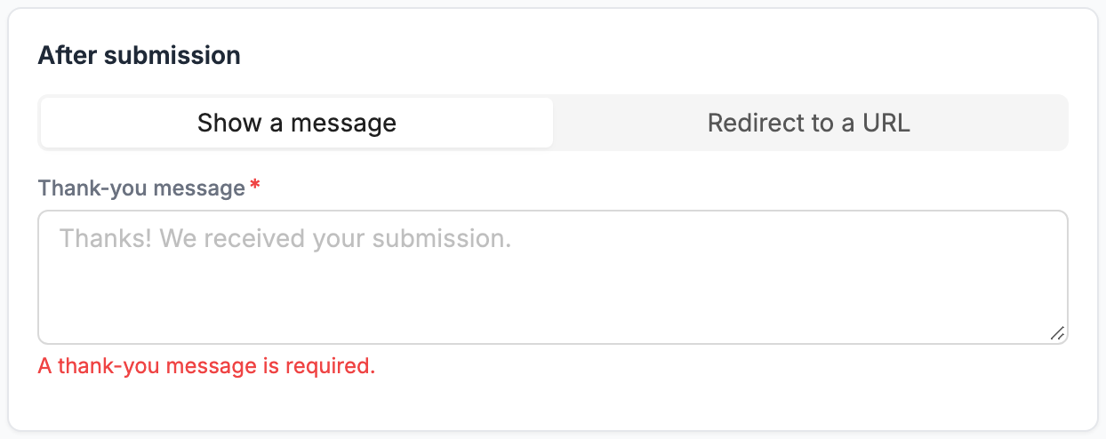 After submission card with Show a message selected and a thank-you message
