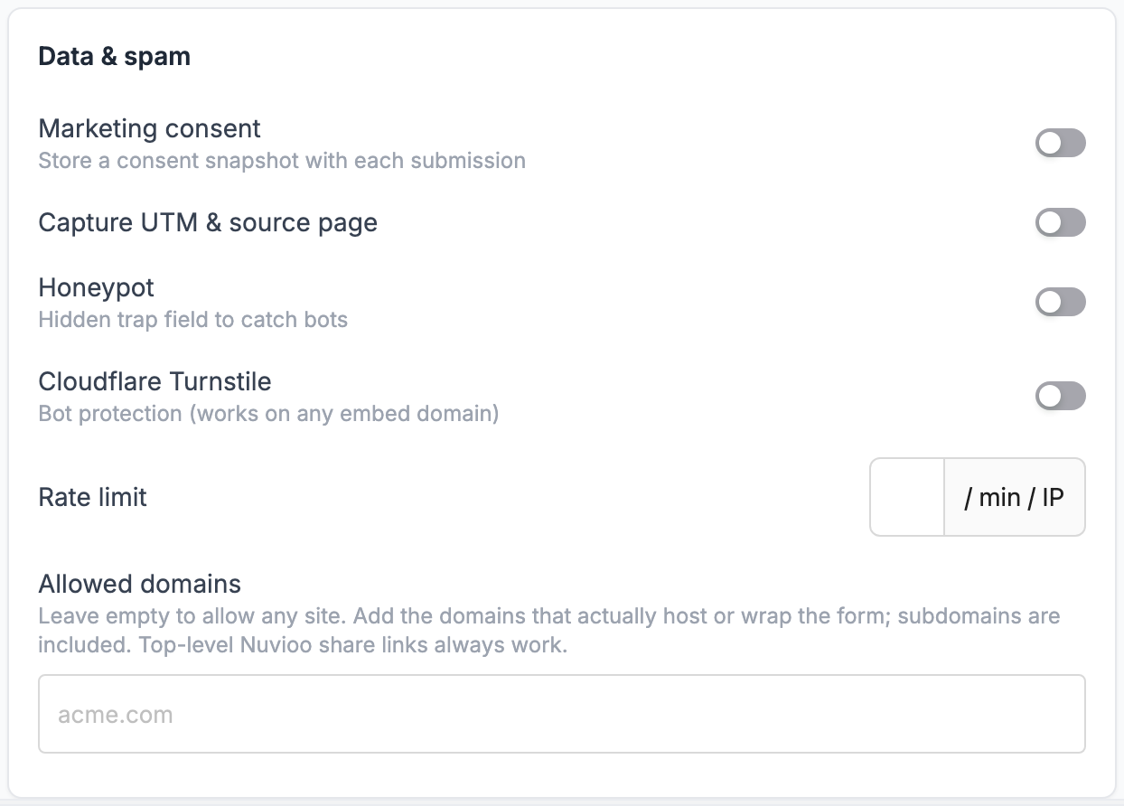 Data and spam card with consent, UTM capture, honeypot, Turnstile, rate limit and allowed domains