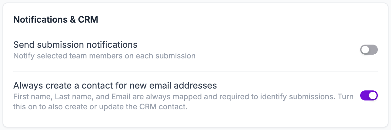 Notifications and CRM card with submission notifications and the create contact option