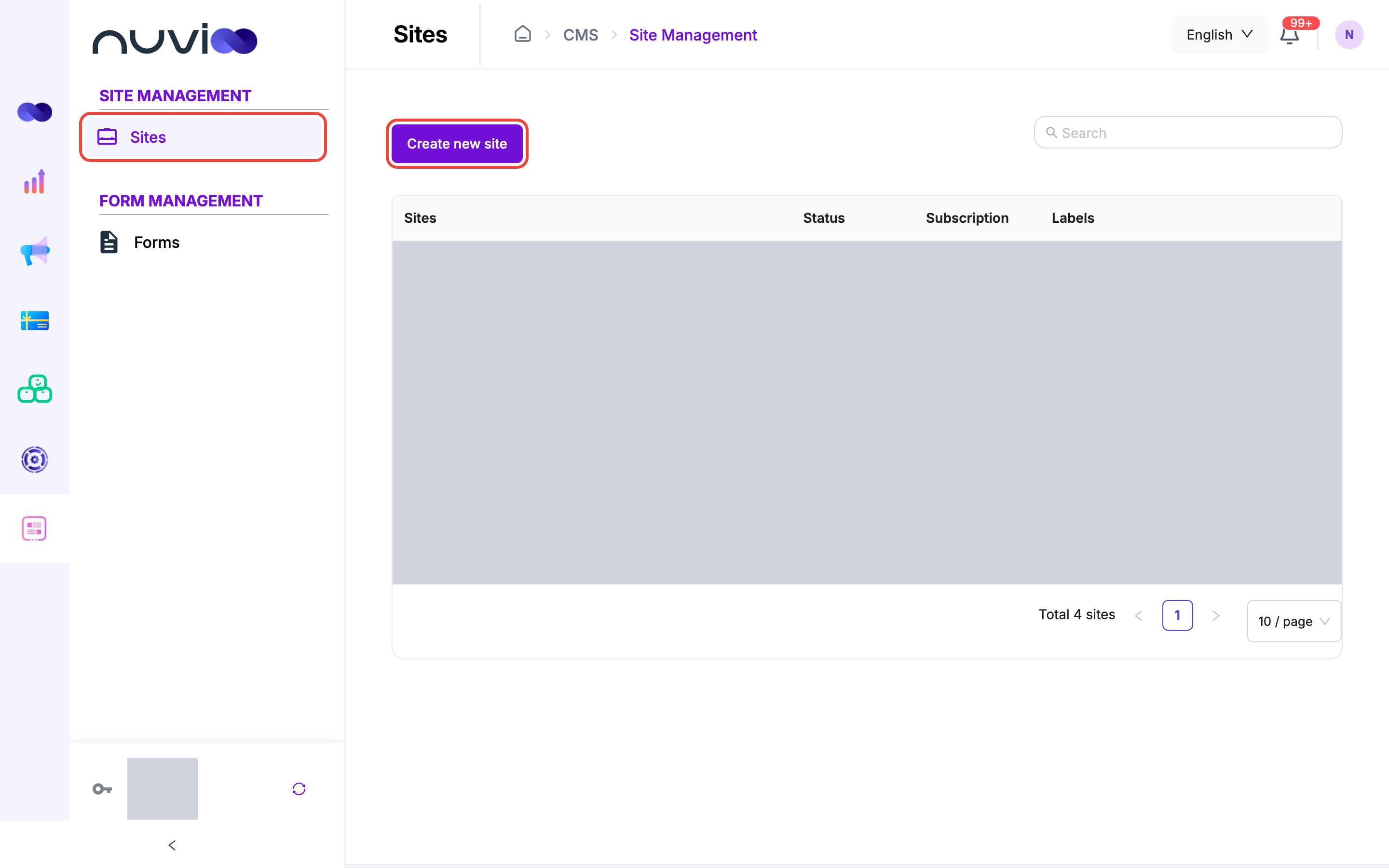 Sites list with Create new site