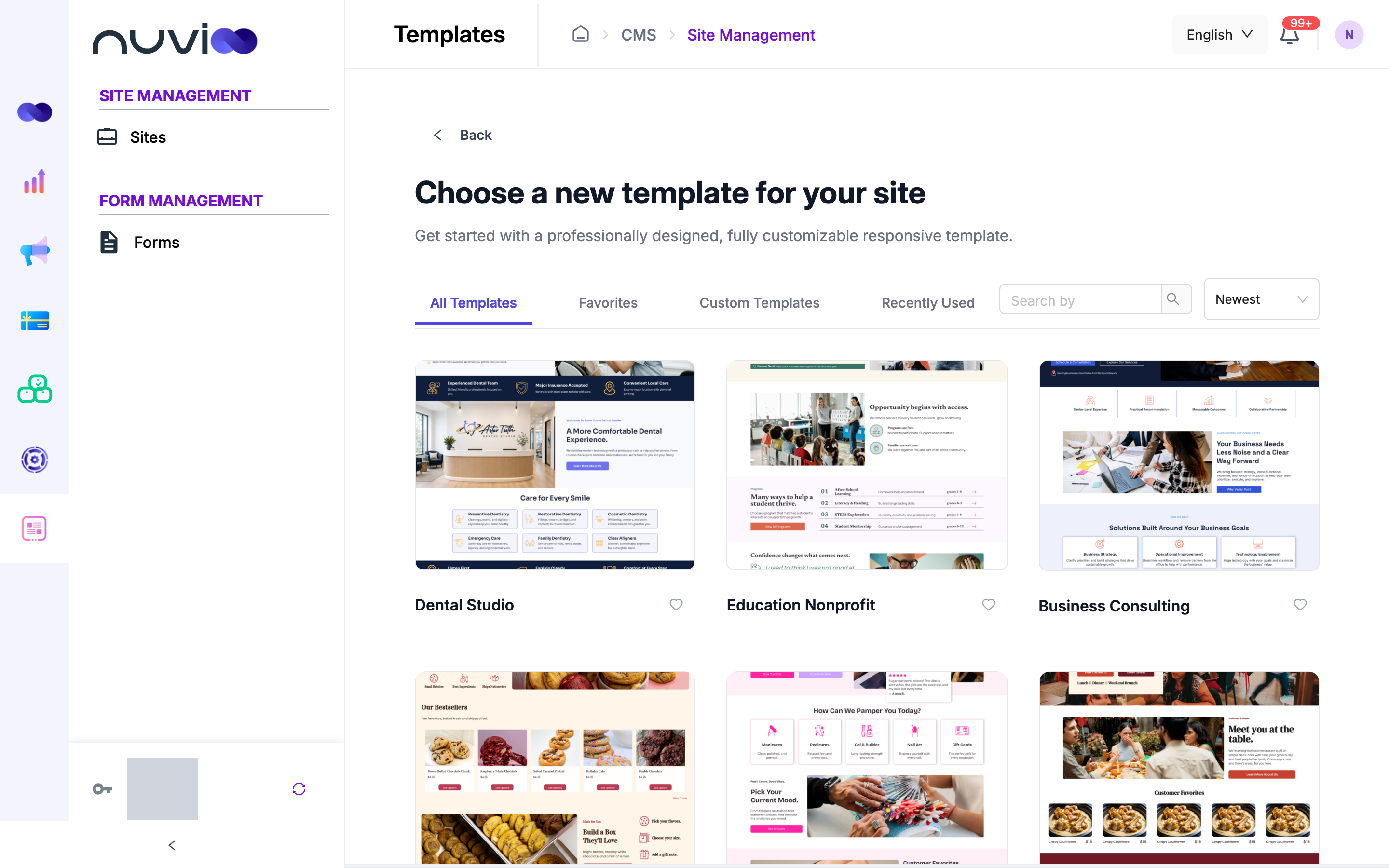 Template gallery with website templates
