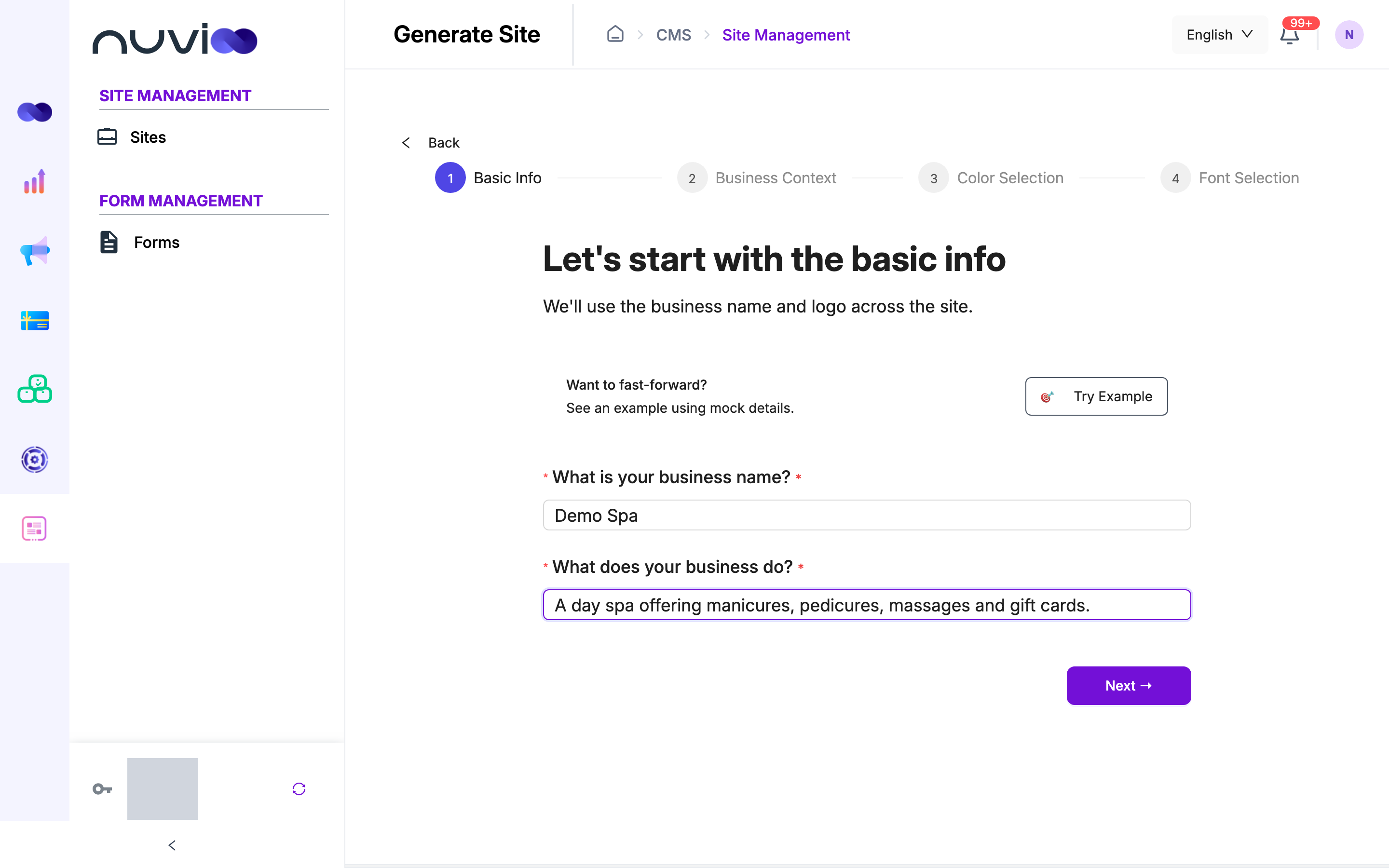 Generate Site first step with business name and description filled in