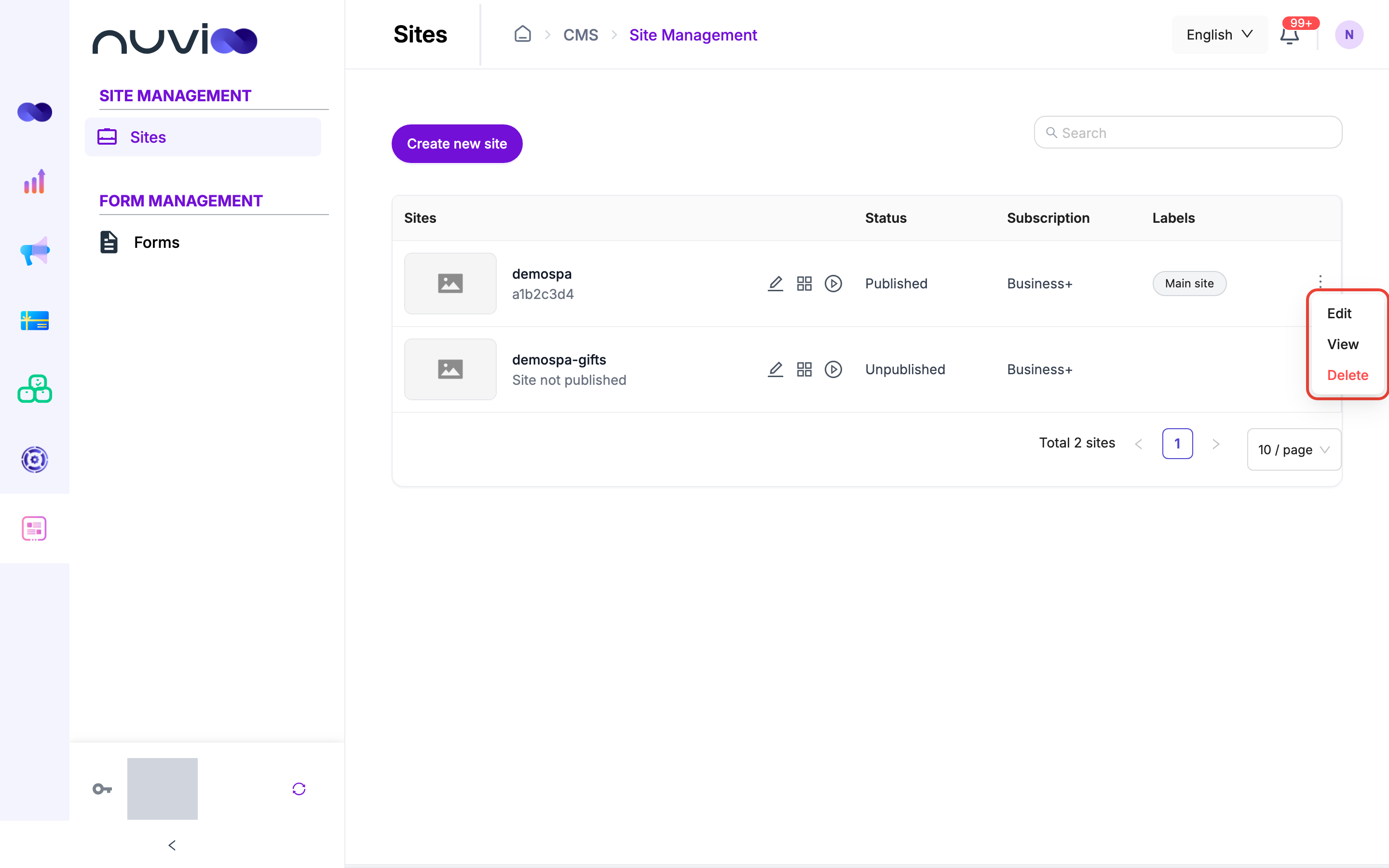 Row menu with Edit, View and Delete