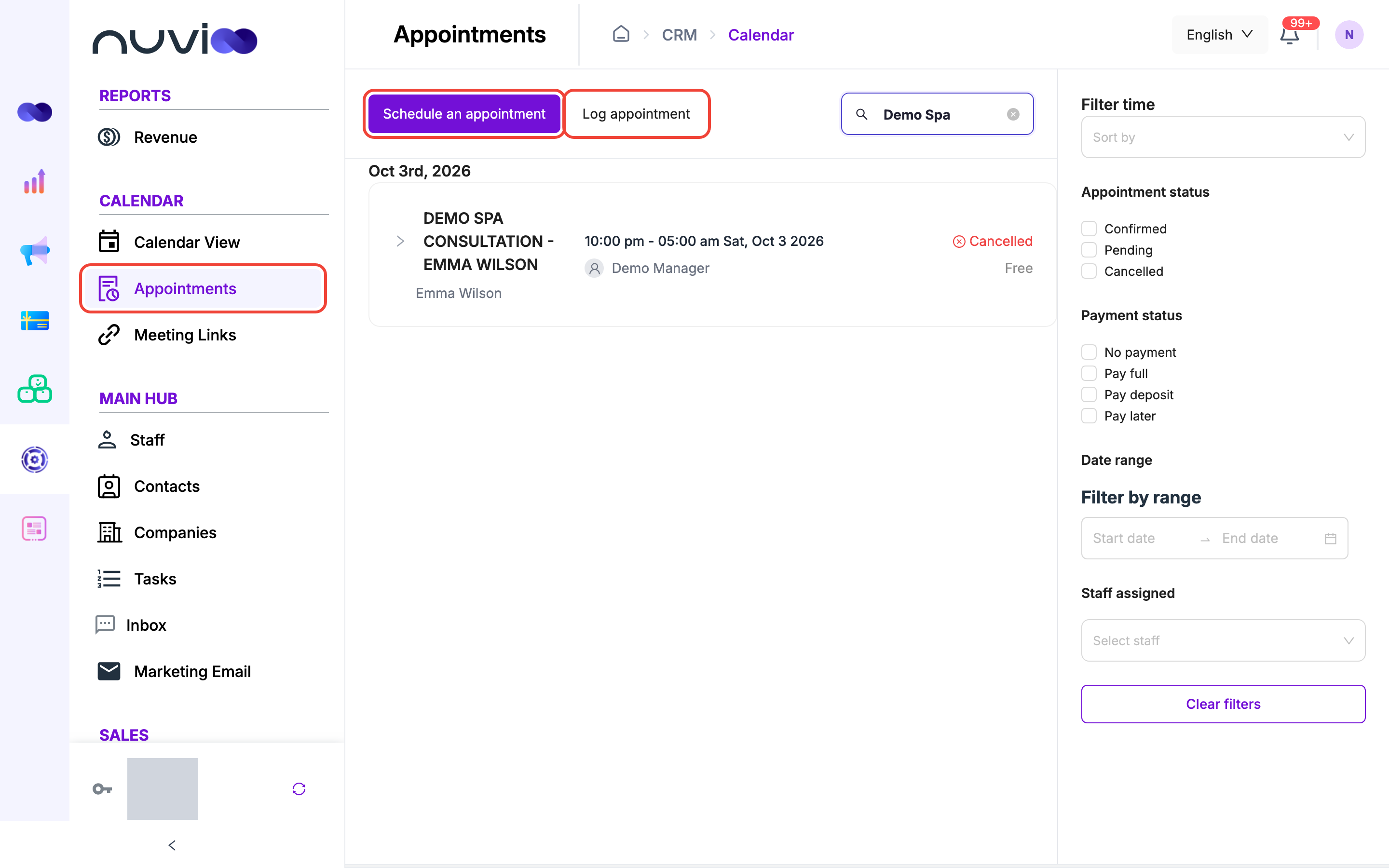 Appointments list grouped by date with Schedule an appointment and Log appointment buttons and filters