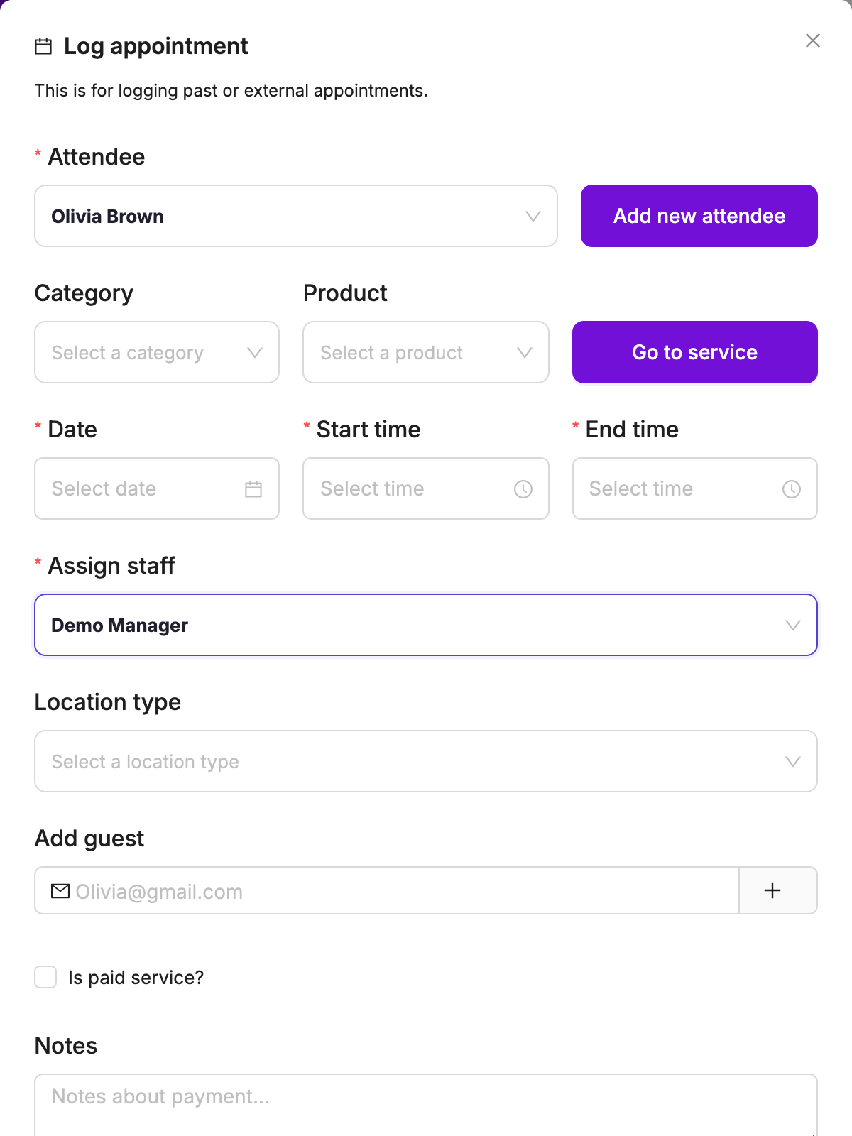 Log appointment dialog with attendee, date, times, staff and payment options