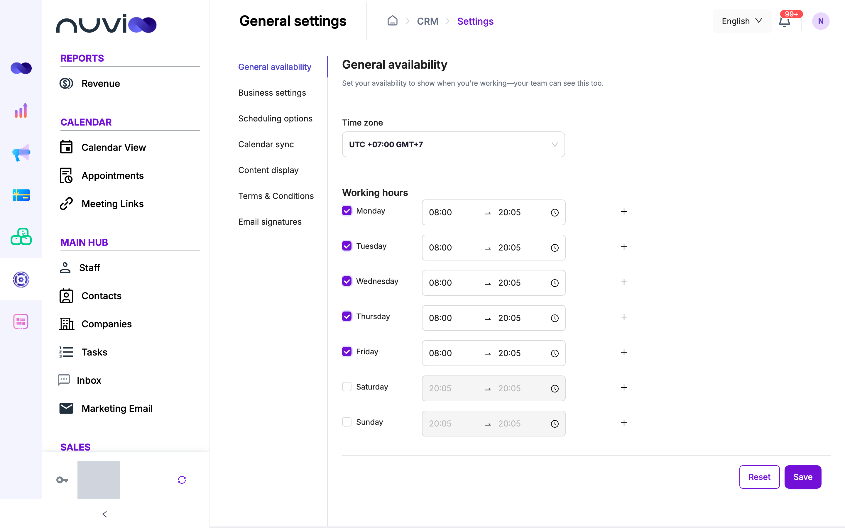 General availability tab with time zone and working hours per day