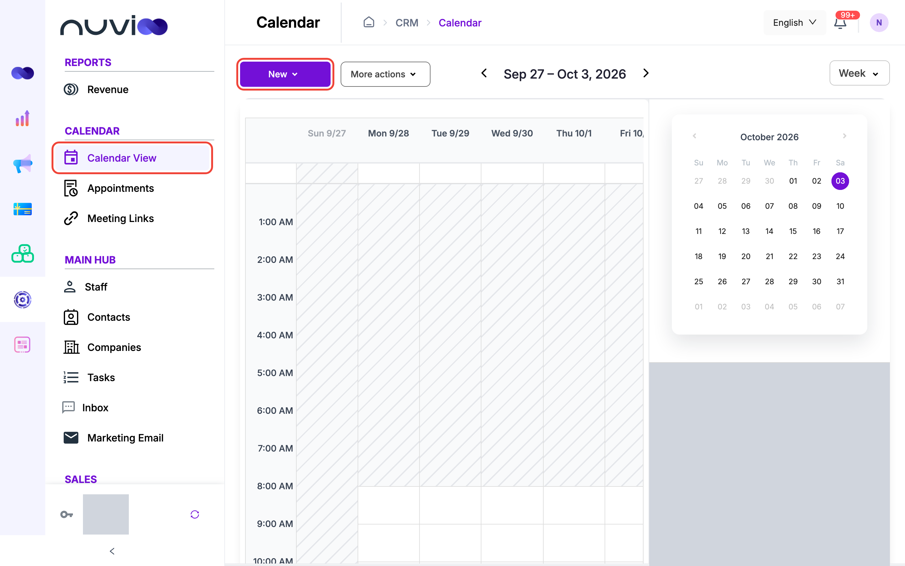 Week calendar with the New and More actions buttons, a month picker and the staff list