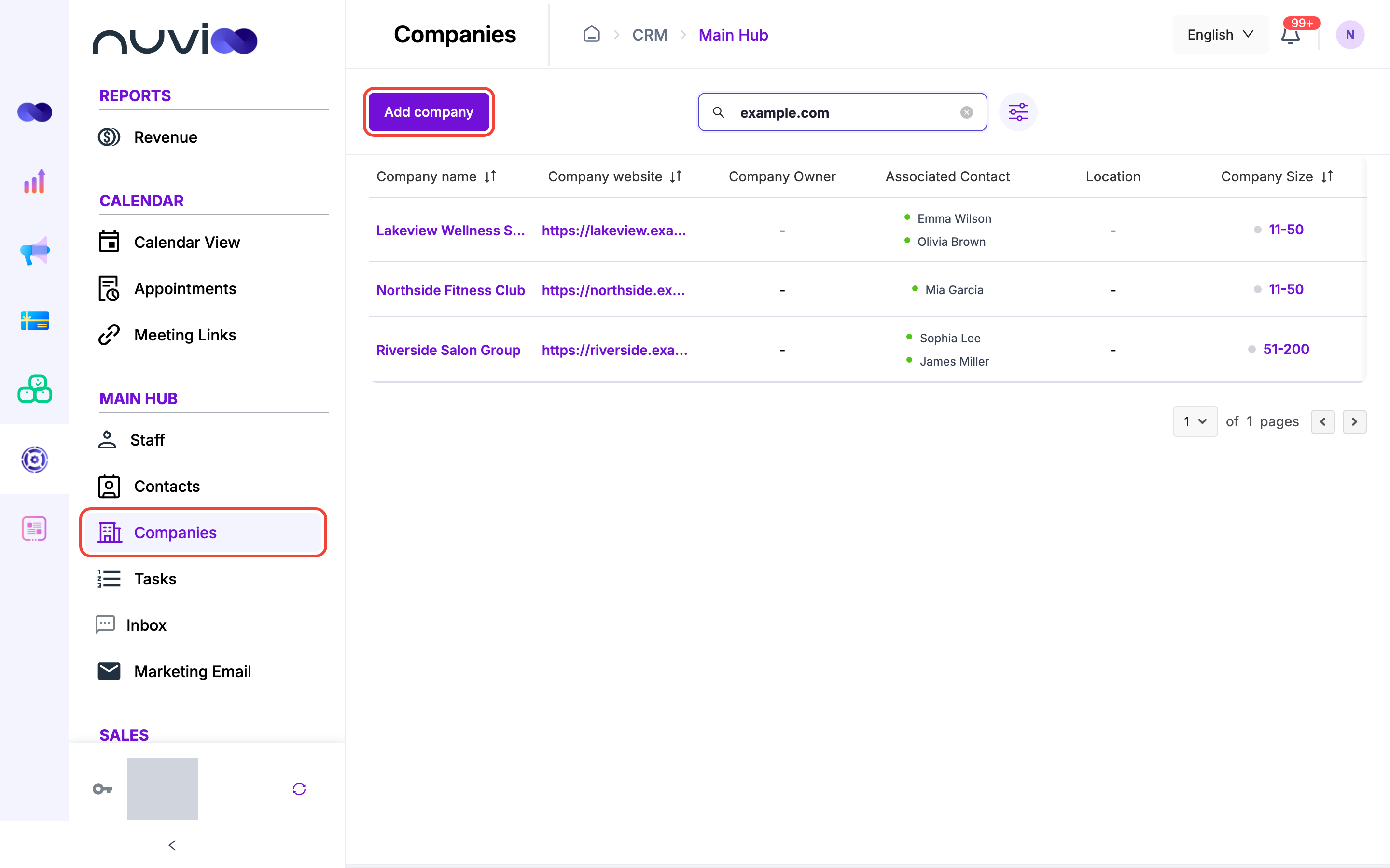 Companies list with website, owner, associated contacts and size