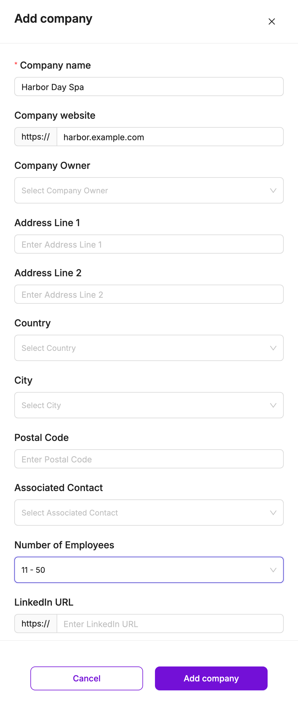 Add company drawer with name, website and number of employees
