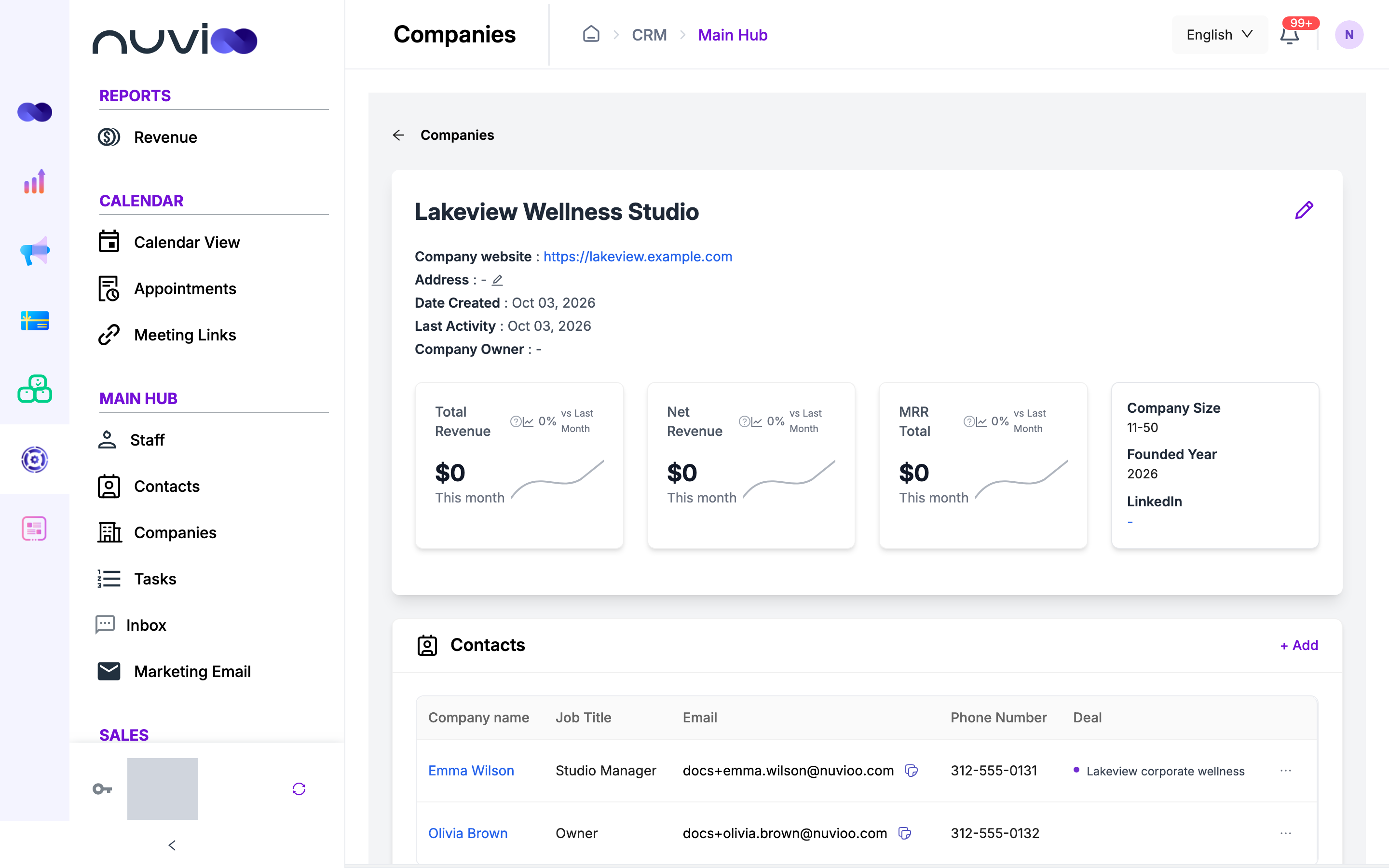 Company detail with revenue cards and a Contacts list