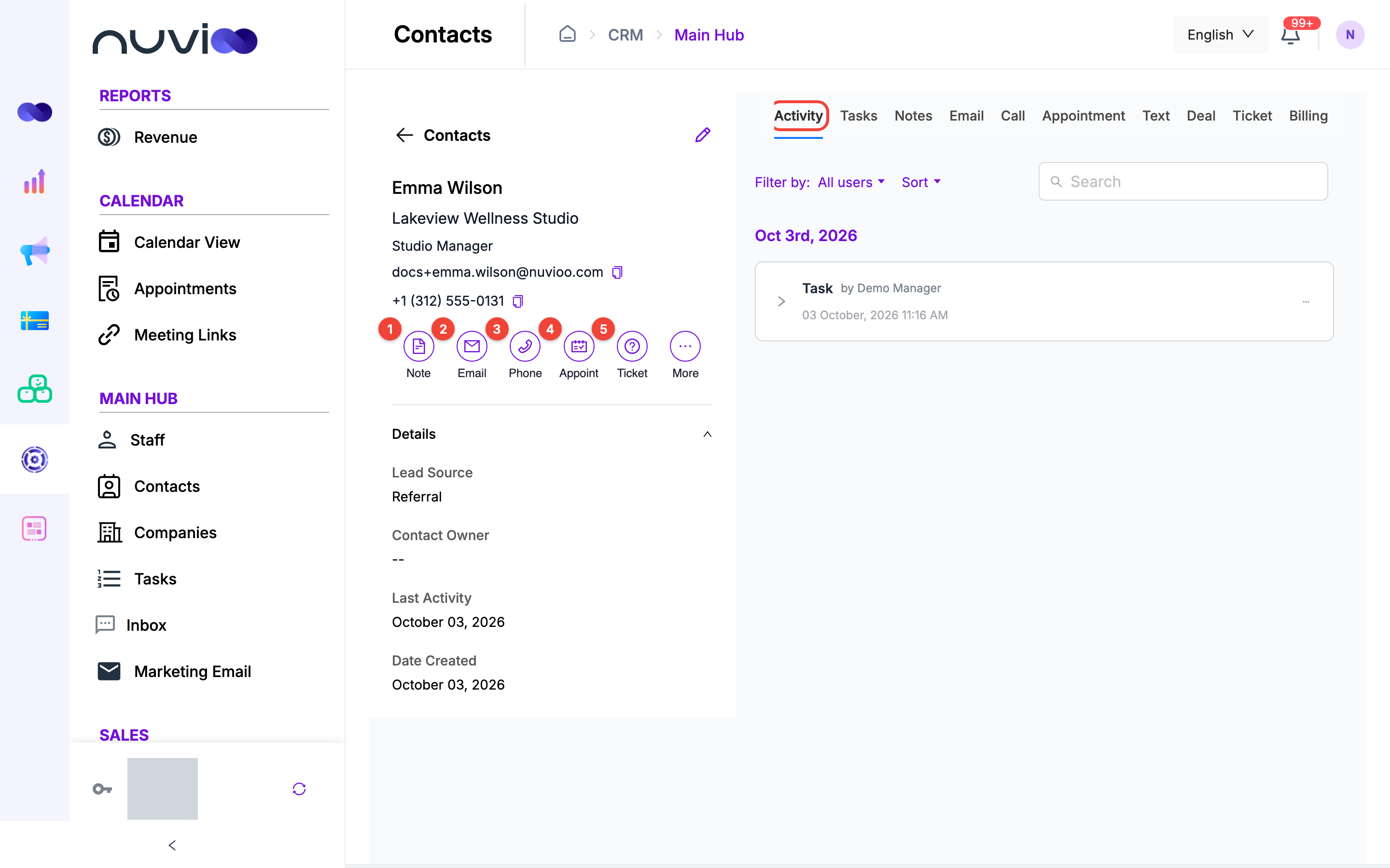 Contact page with details on the left, five numbered quick action buttons, and the Activity tab on the right