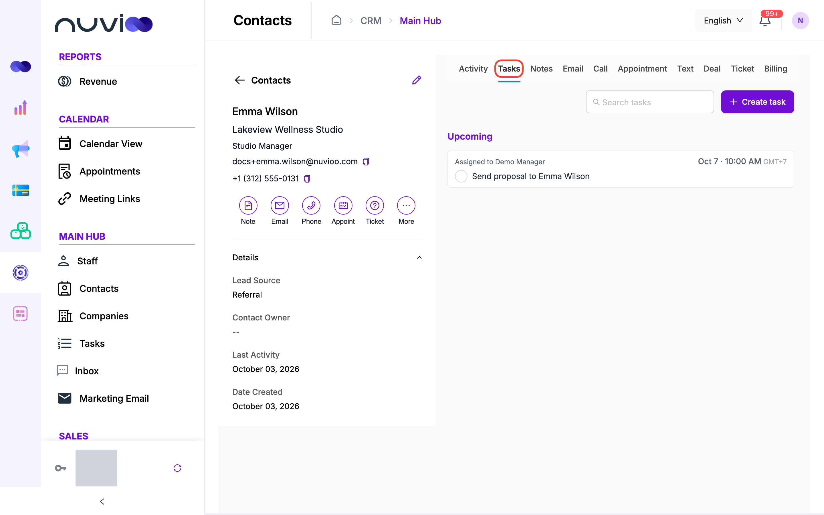 Tasks tab with one upcoming task and the Create task button