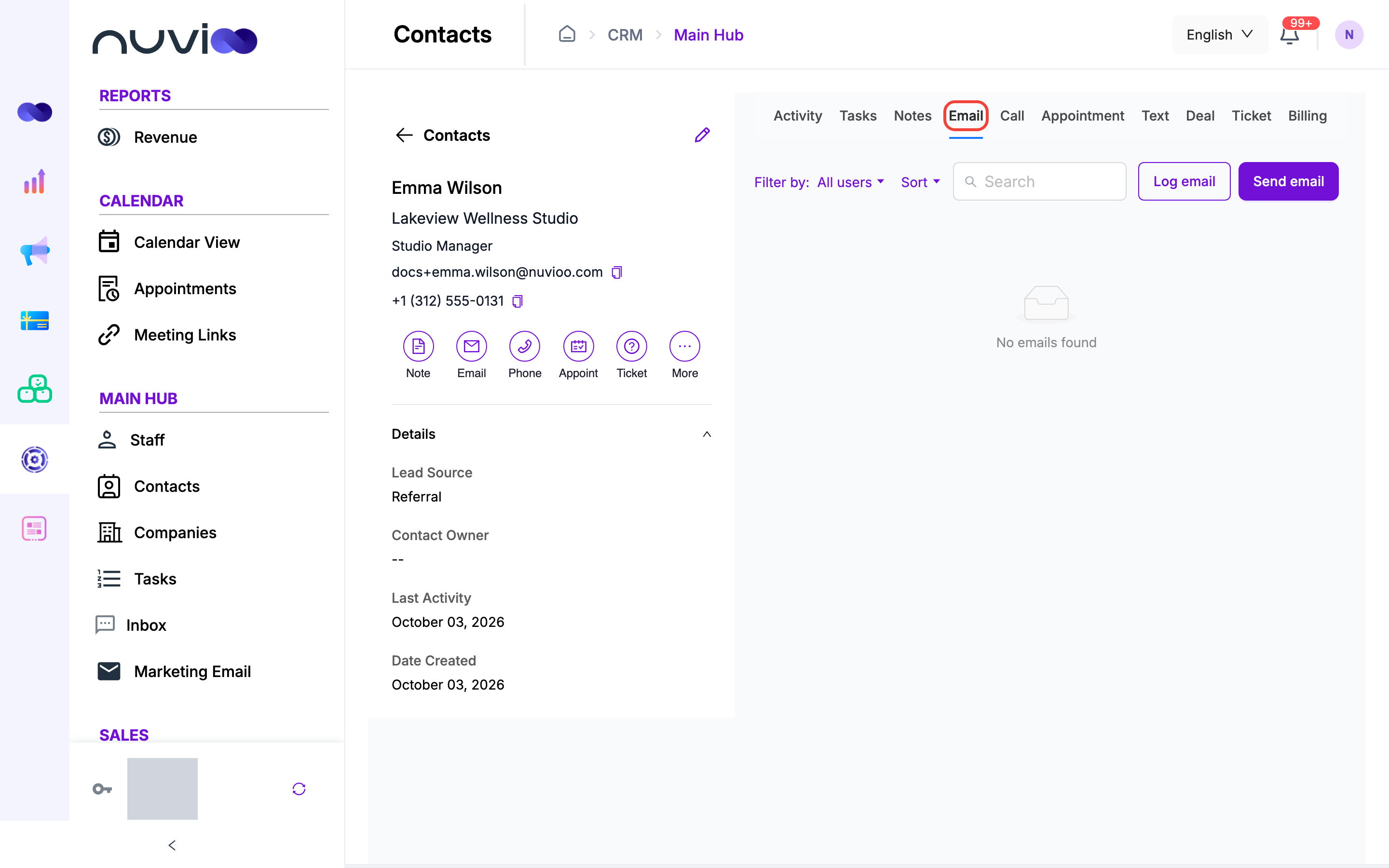 Email tab with Log email and Send email buttons