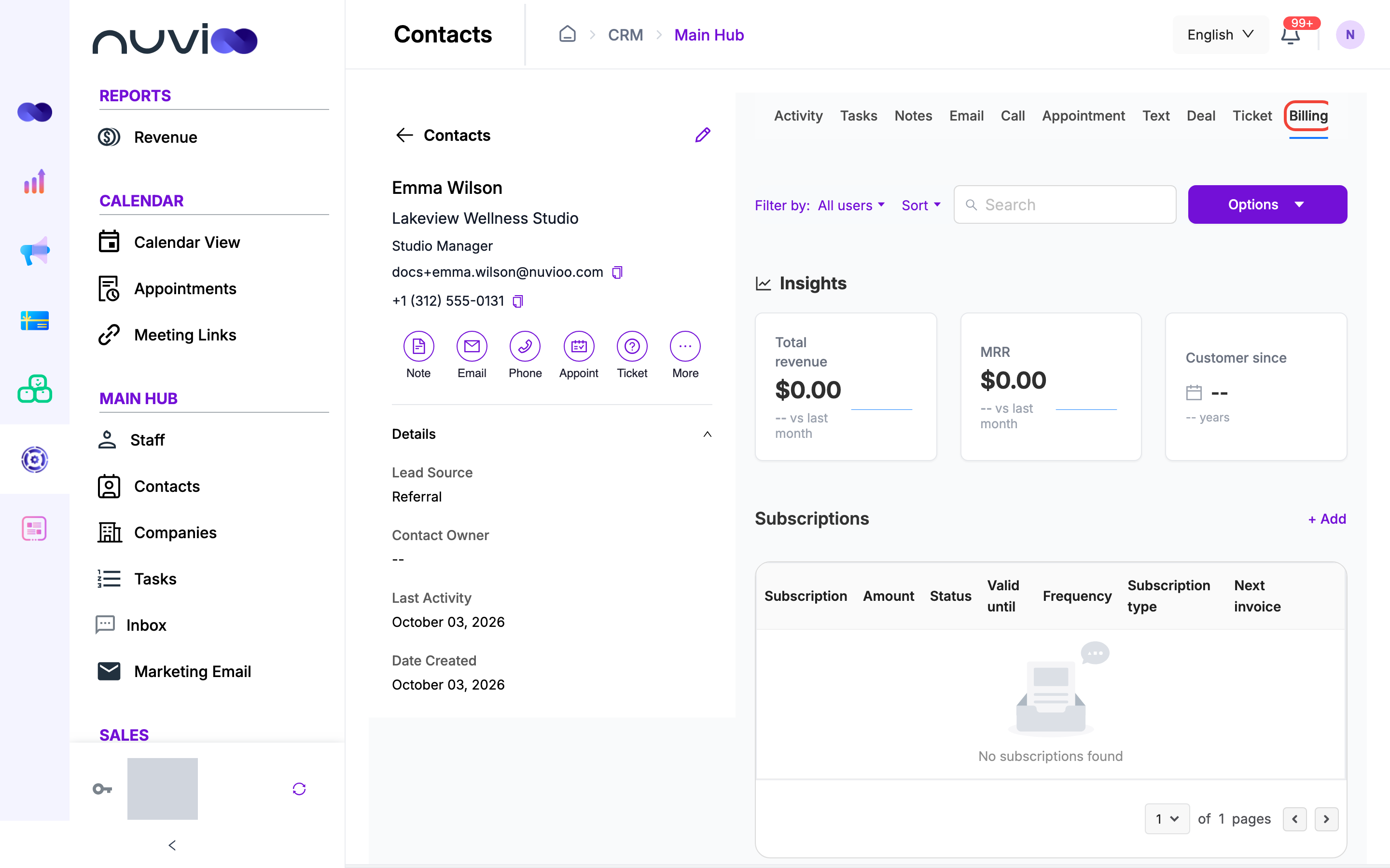 Billing tab with total revenue, MRR, customer since and an empty subscriptions table