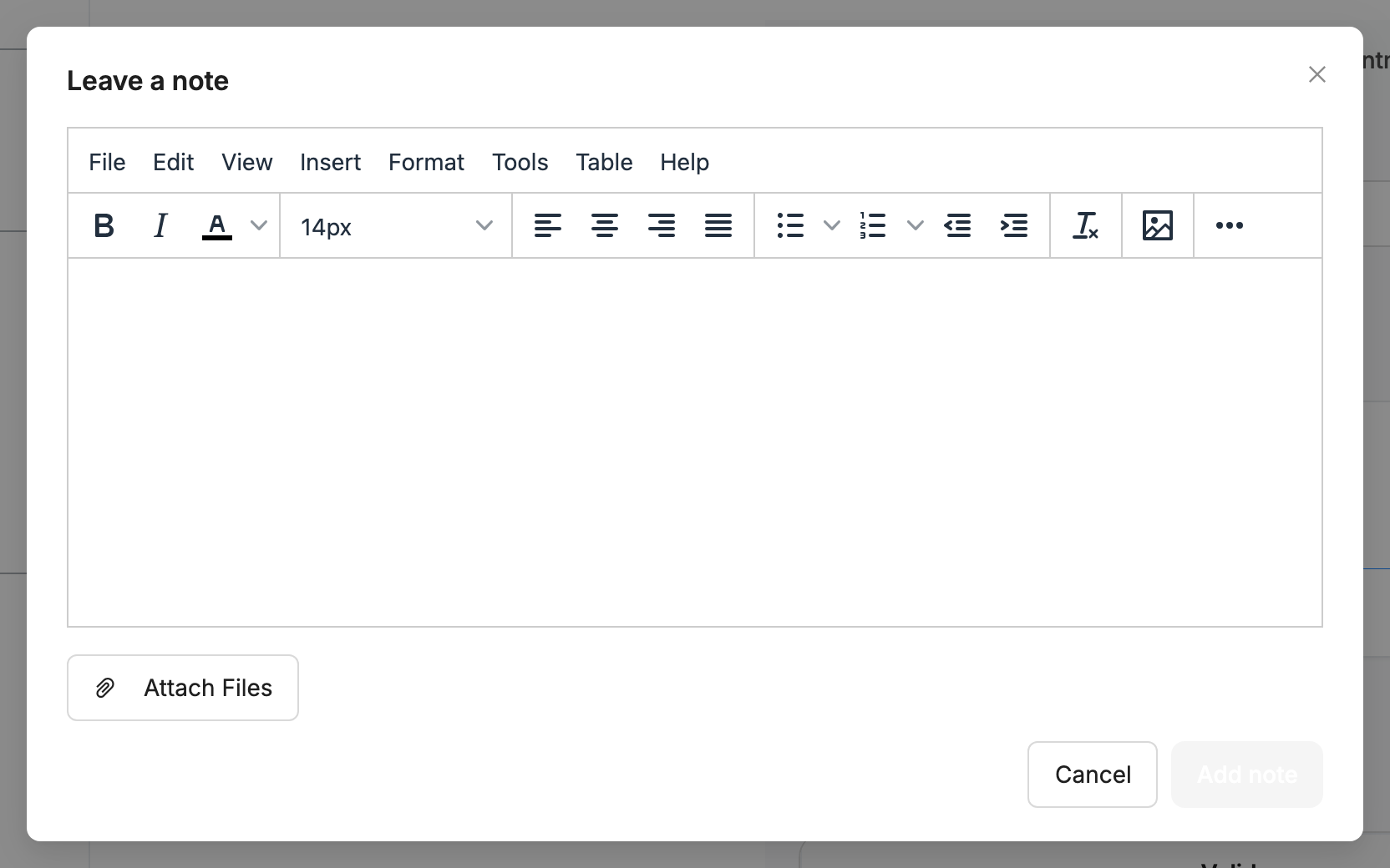 Leave a note dialog with a text editor, Attach Files and Add note buttons