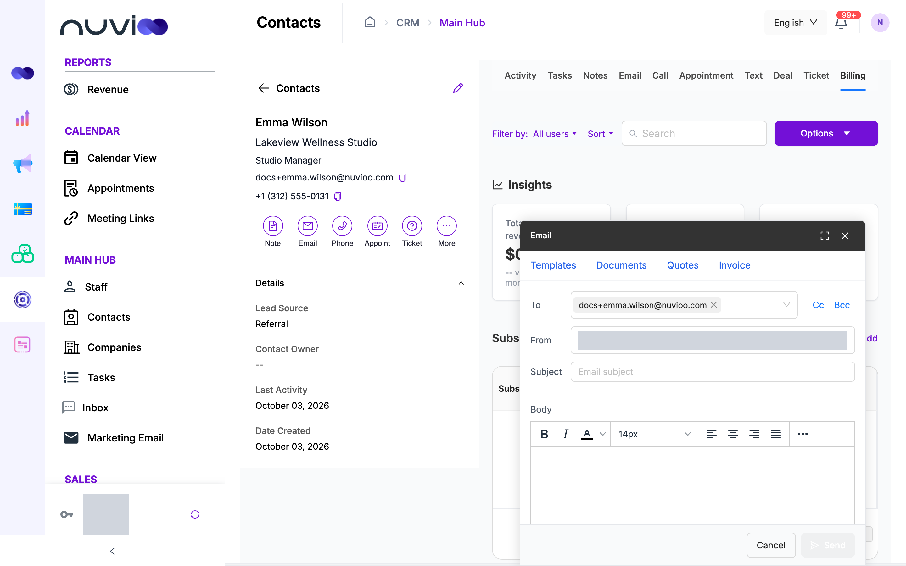 Email editor with To, From, Subject and Body, and links to insert templates, documents, quotes and invoices