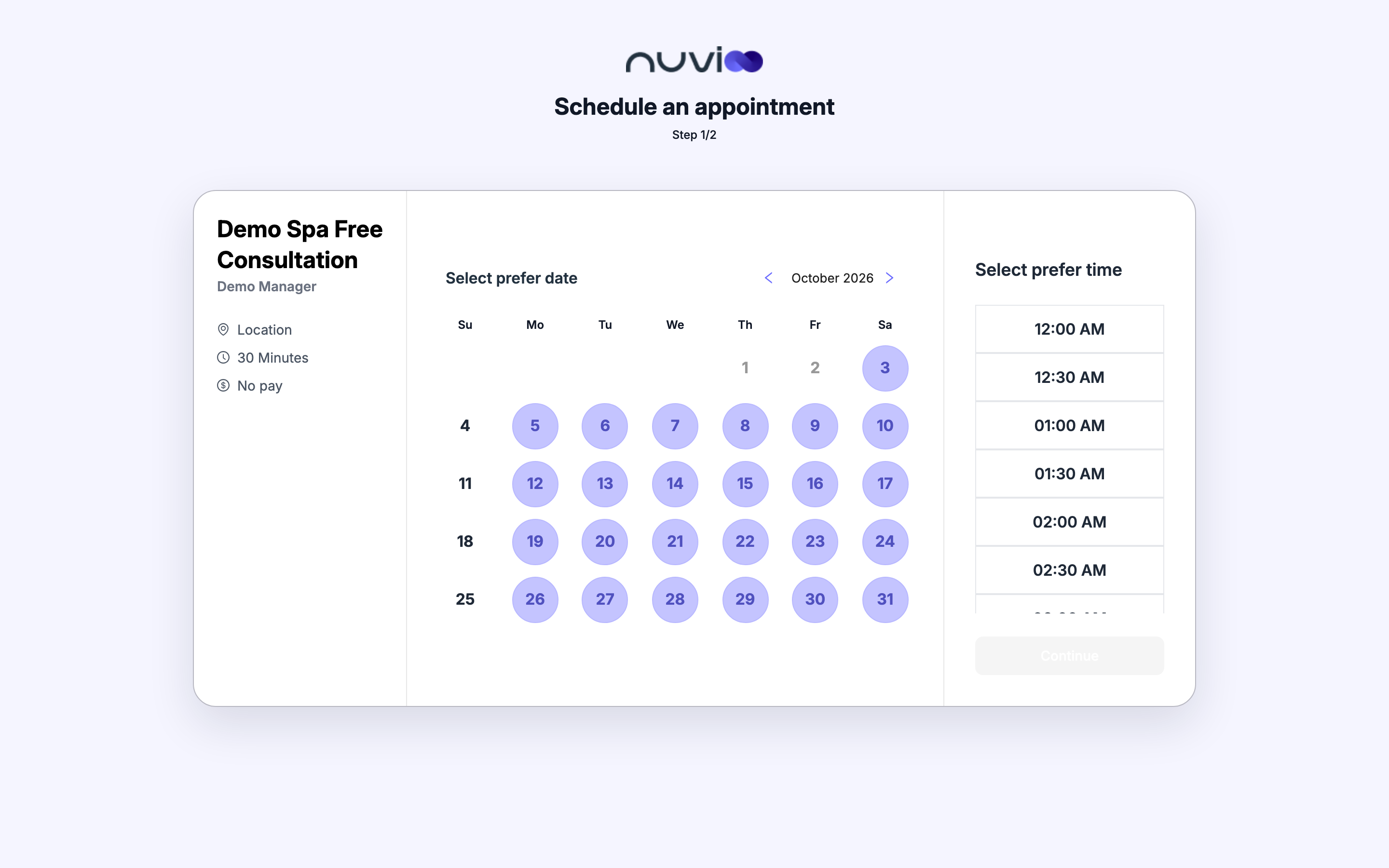 Booking page with the event details, a date picker and available times