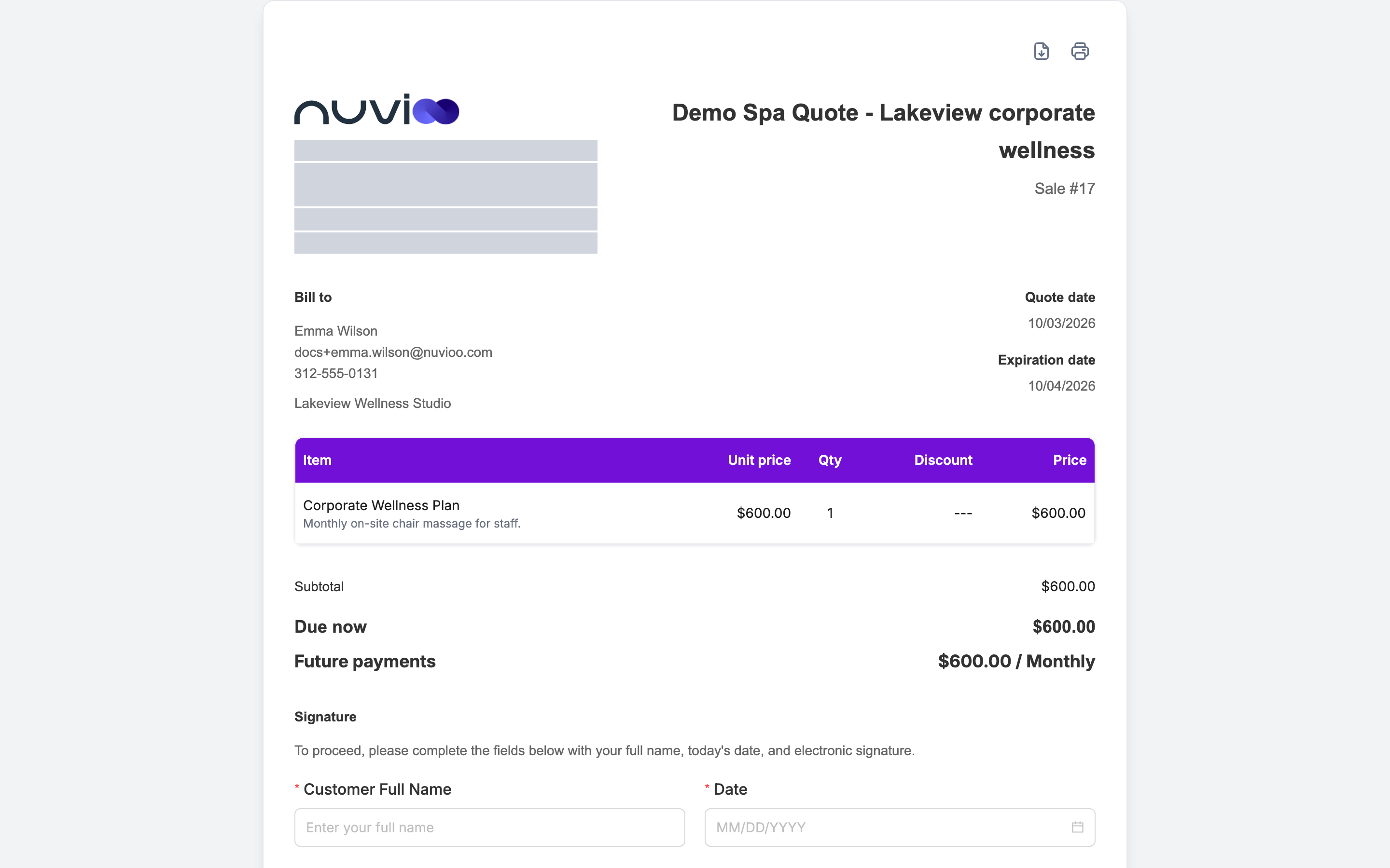 Quote page with items, totals and the signature fields