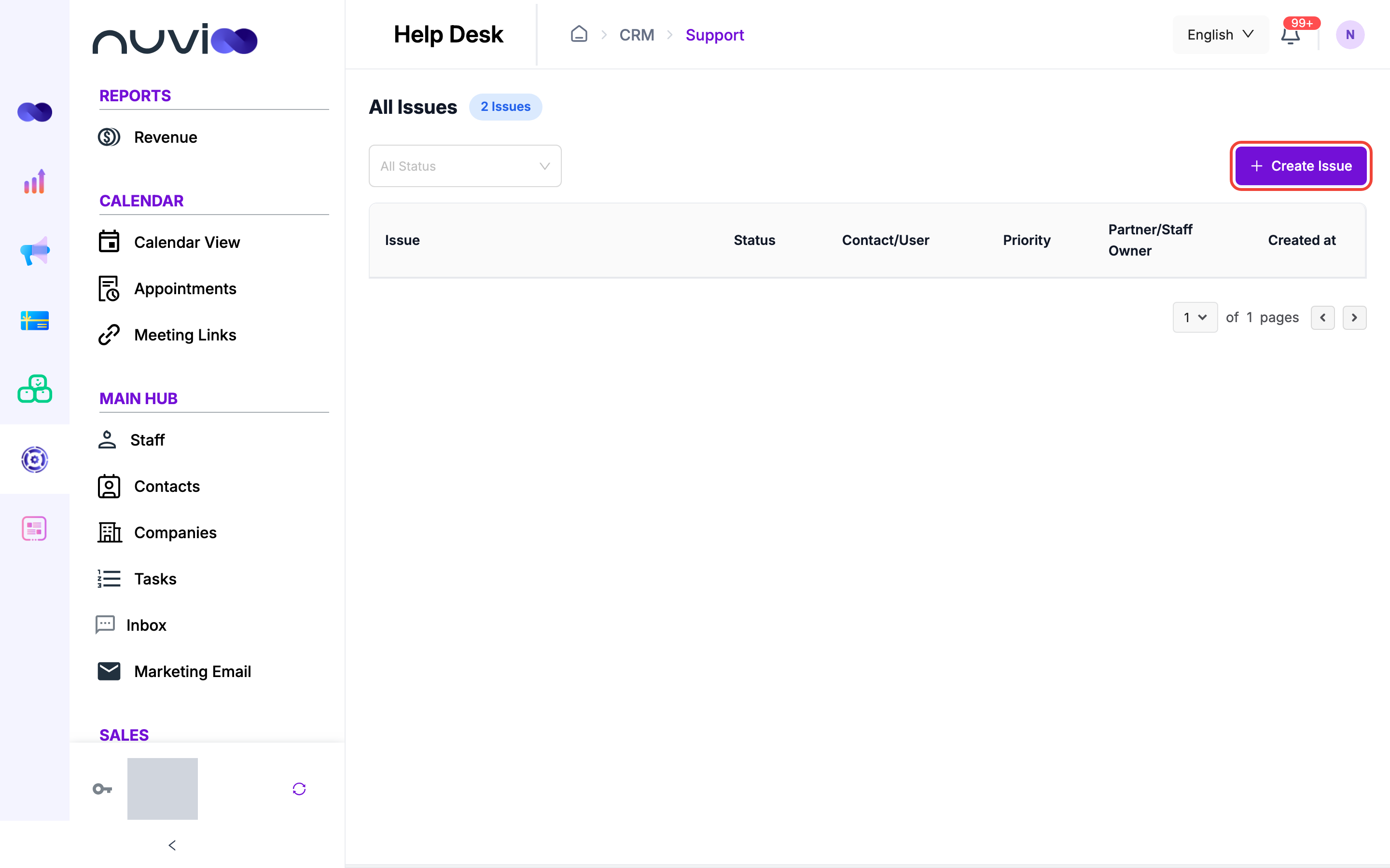 All Issues list with status filter and Create Issue button