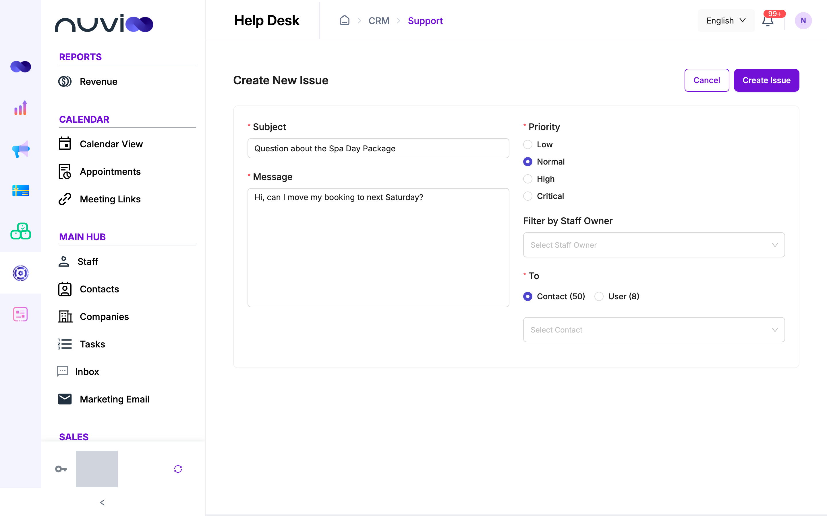 Create New Issue page with subject, message, priority and To