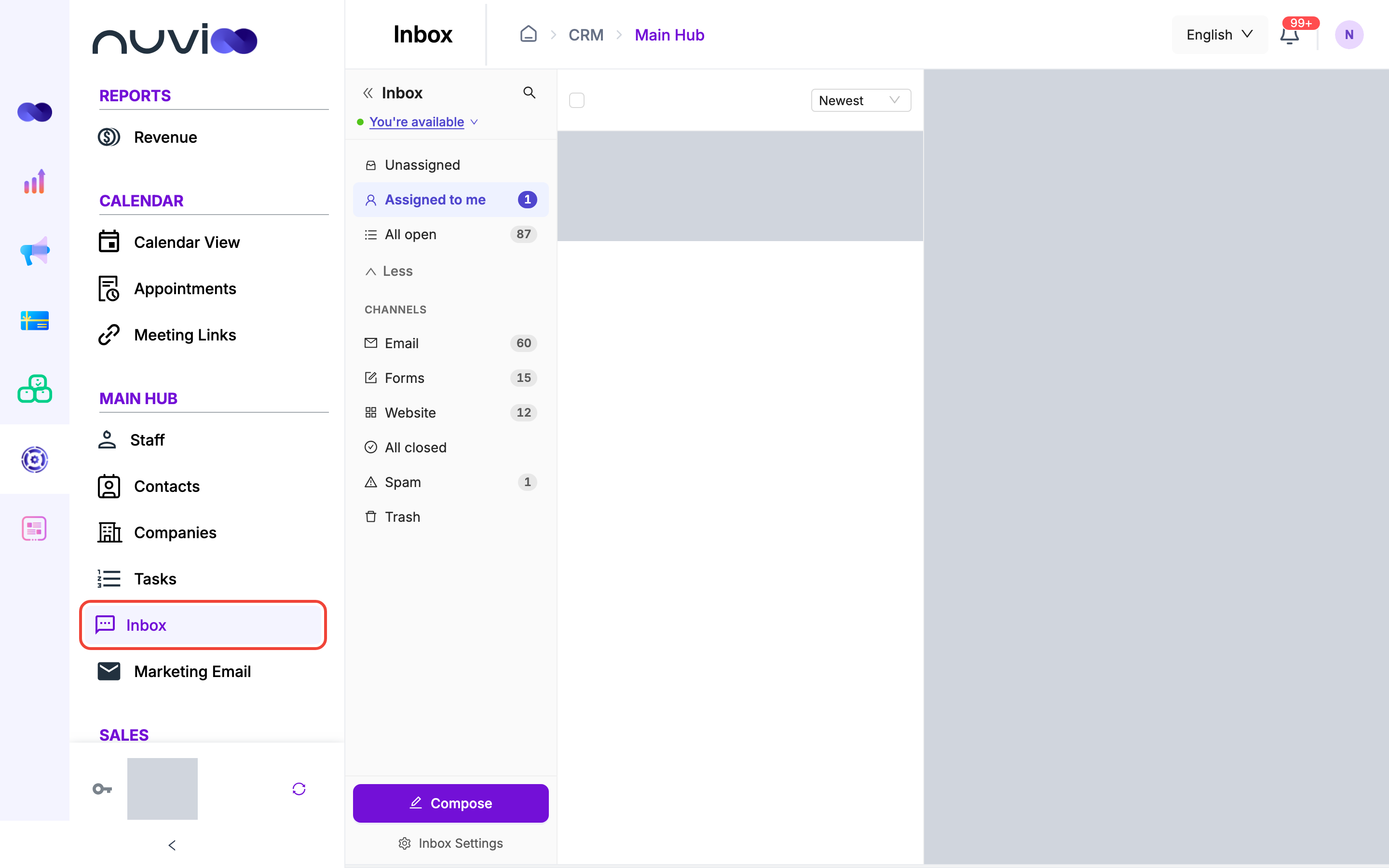 Inbox with views (Unassigned, Assigned to me, All open), channel filters, and the Compose button