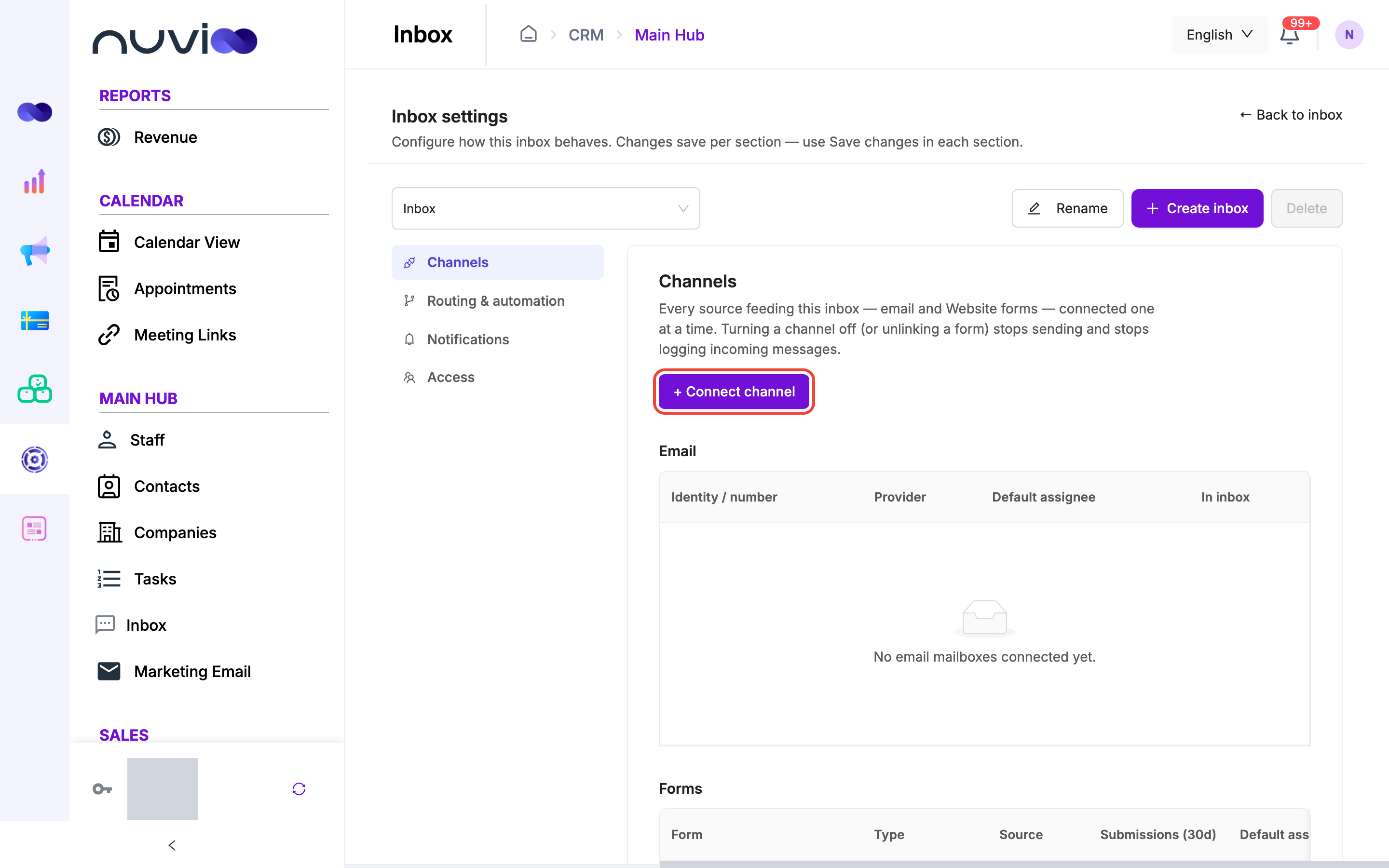 Inbox settings with Channels, Routing and automation, Notifications and Access sections, and Connect channel