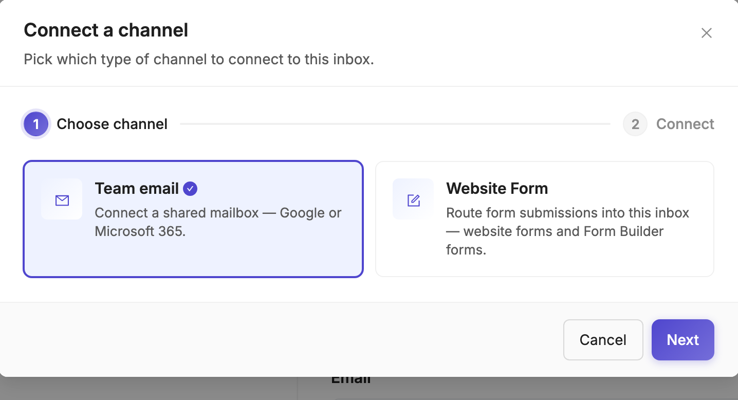 Connect a channel dialog with Team email and Website Form