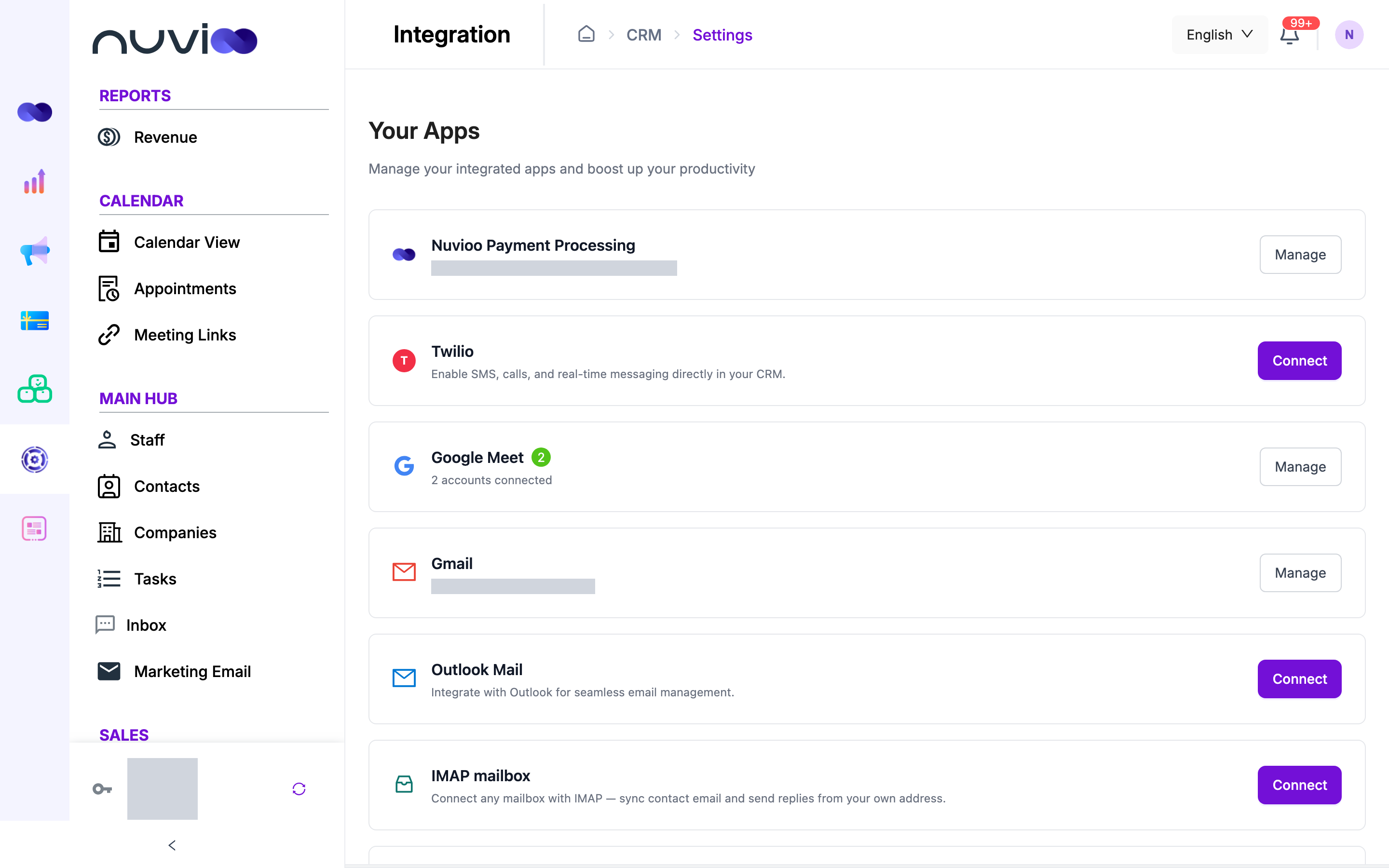 Your Apps list with Nuvioo Payment Processing, Twilio, Google Meet, Gmail, Outlook Mail and IMAP mailbox