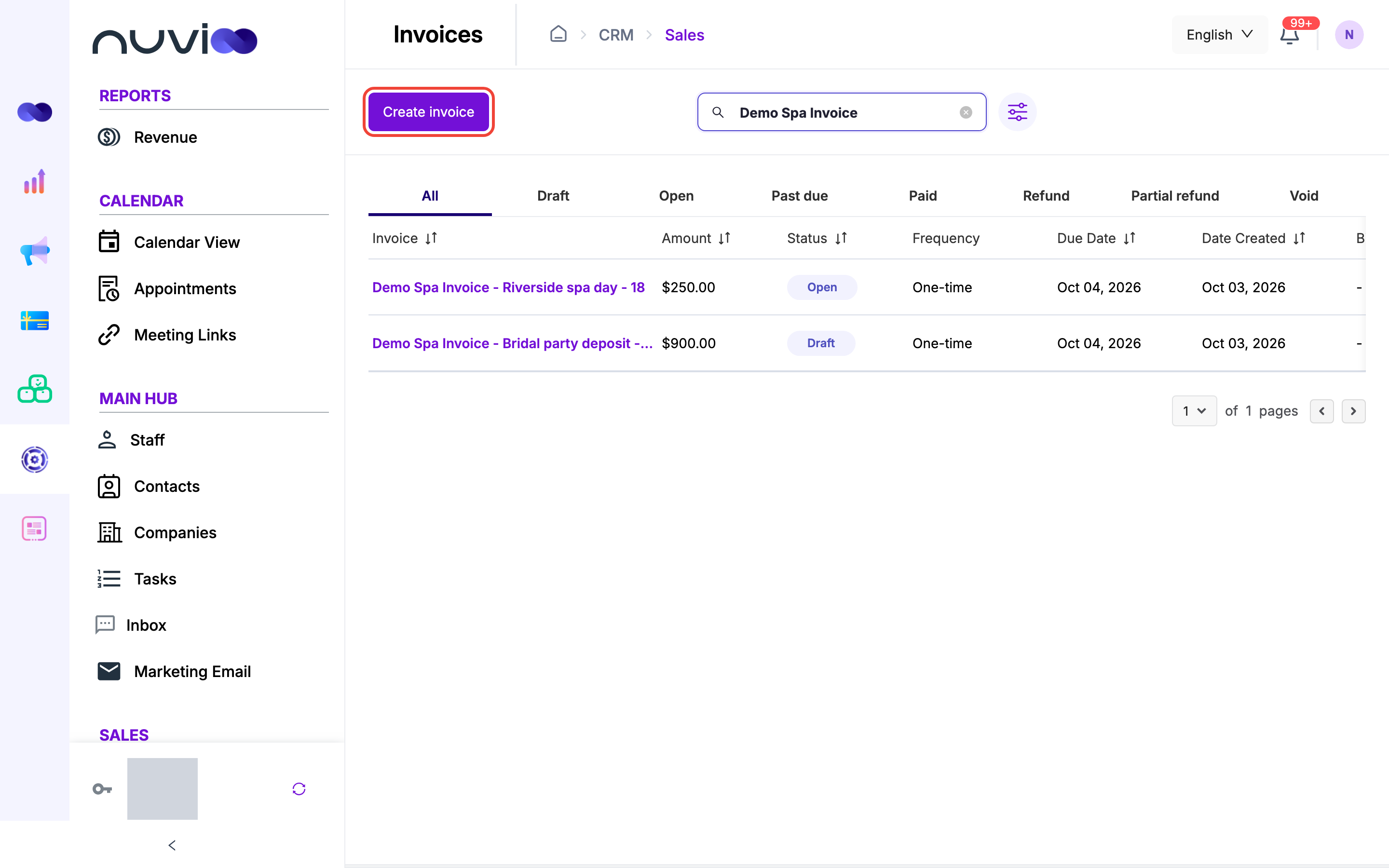 Invoices list with status tabs and an Open and a Draft invoice
