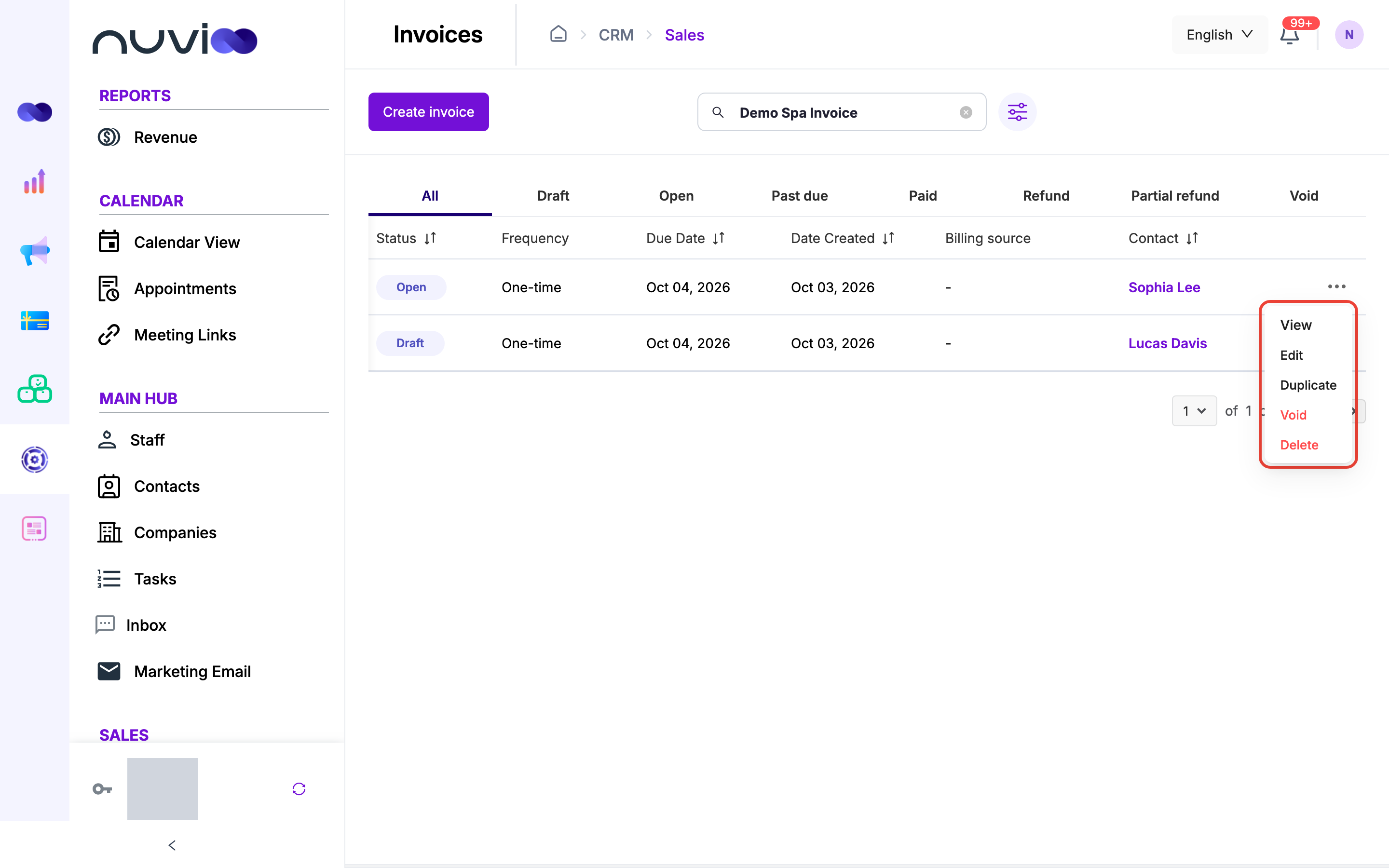 Invoice actions menu with View, Edit, Duplicate, Void and Delete