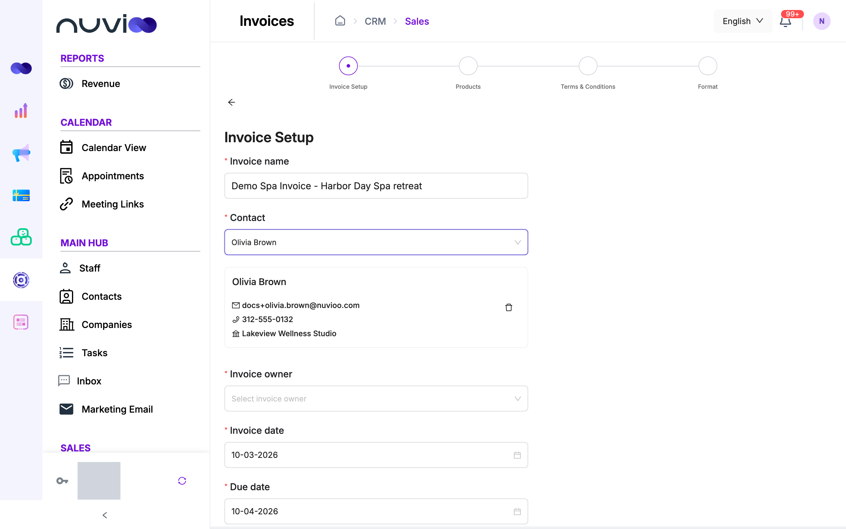 Invoice setup step with name, contact, owner and dates