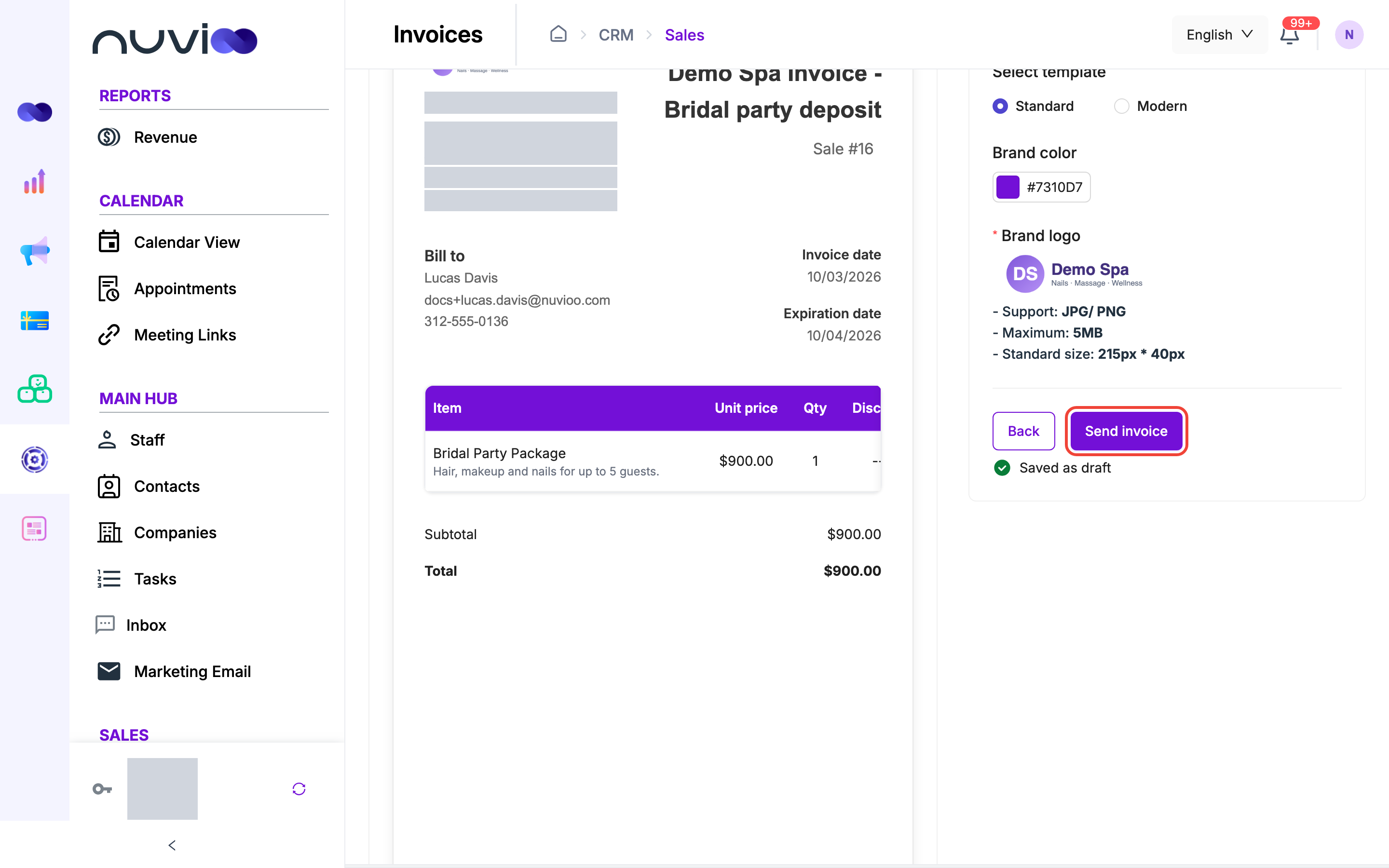 Format step with the invoice preview, template, brand logo and Send invoice