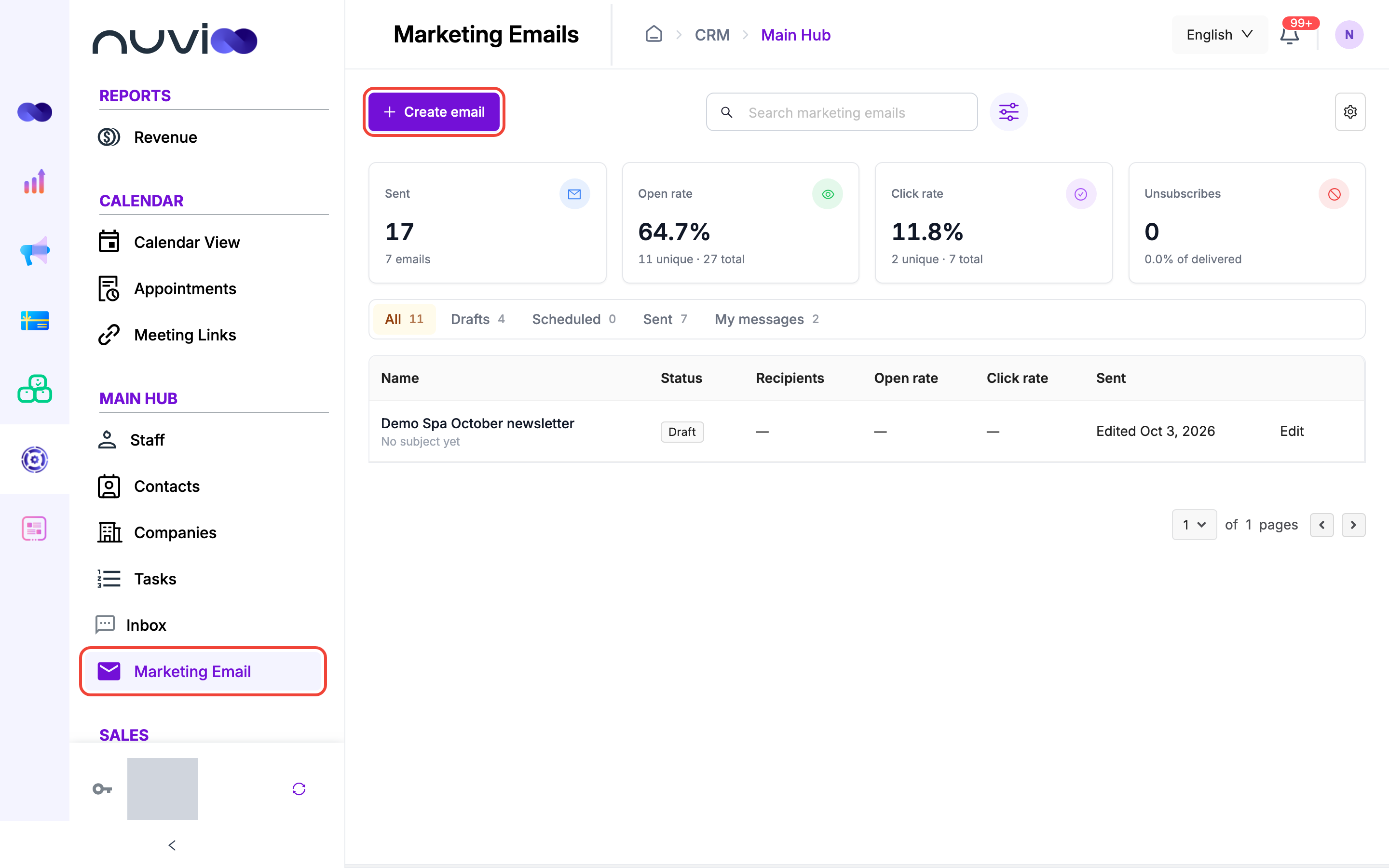 Marketing emails list with totals for sent, open rate, click rate and unsubscribes, and a draft campaign