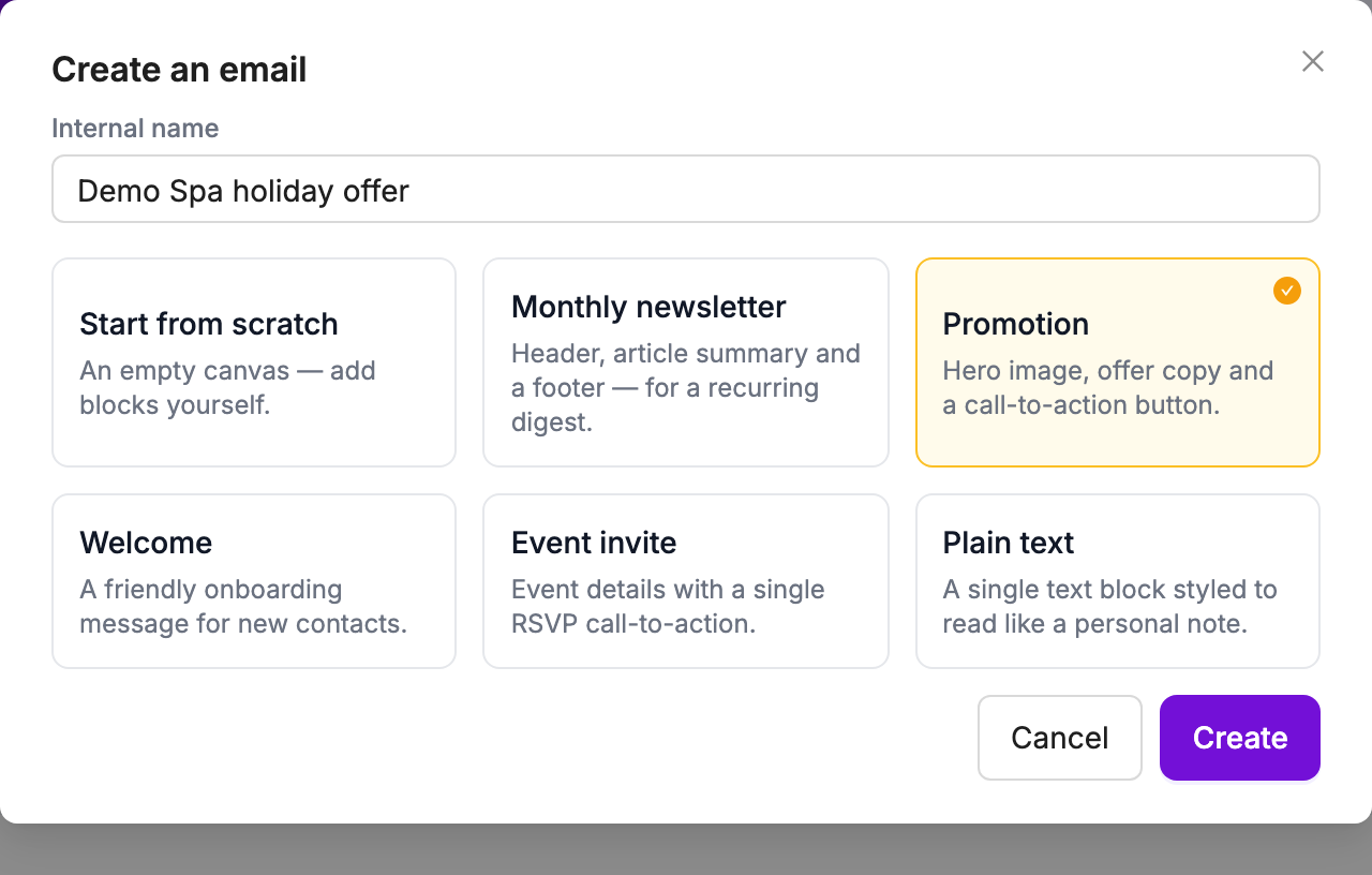 Create an email dialog with internal name and template choices