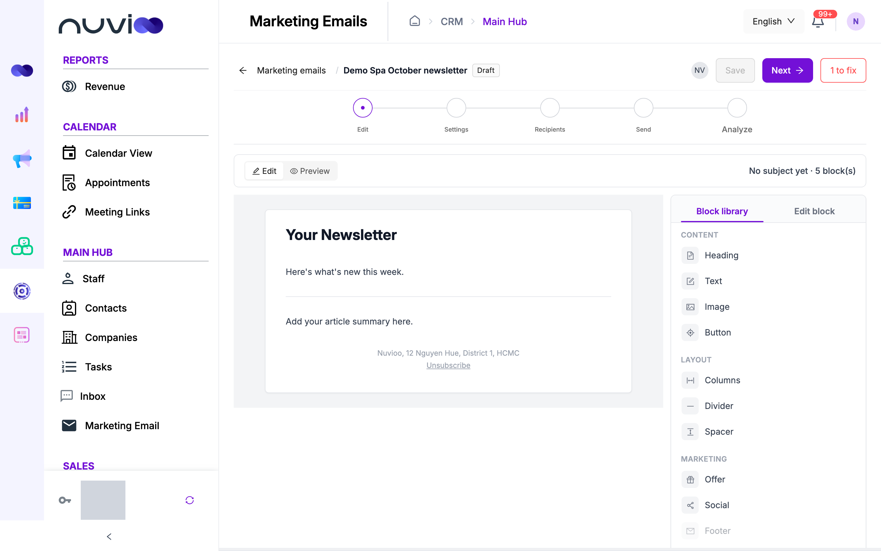 Email editor with the newsletter design and the block library