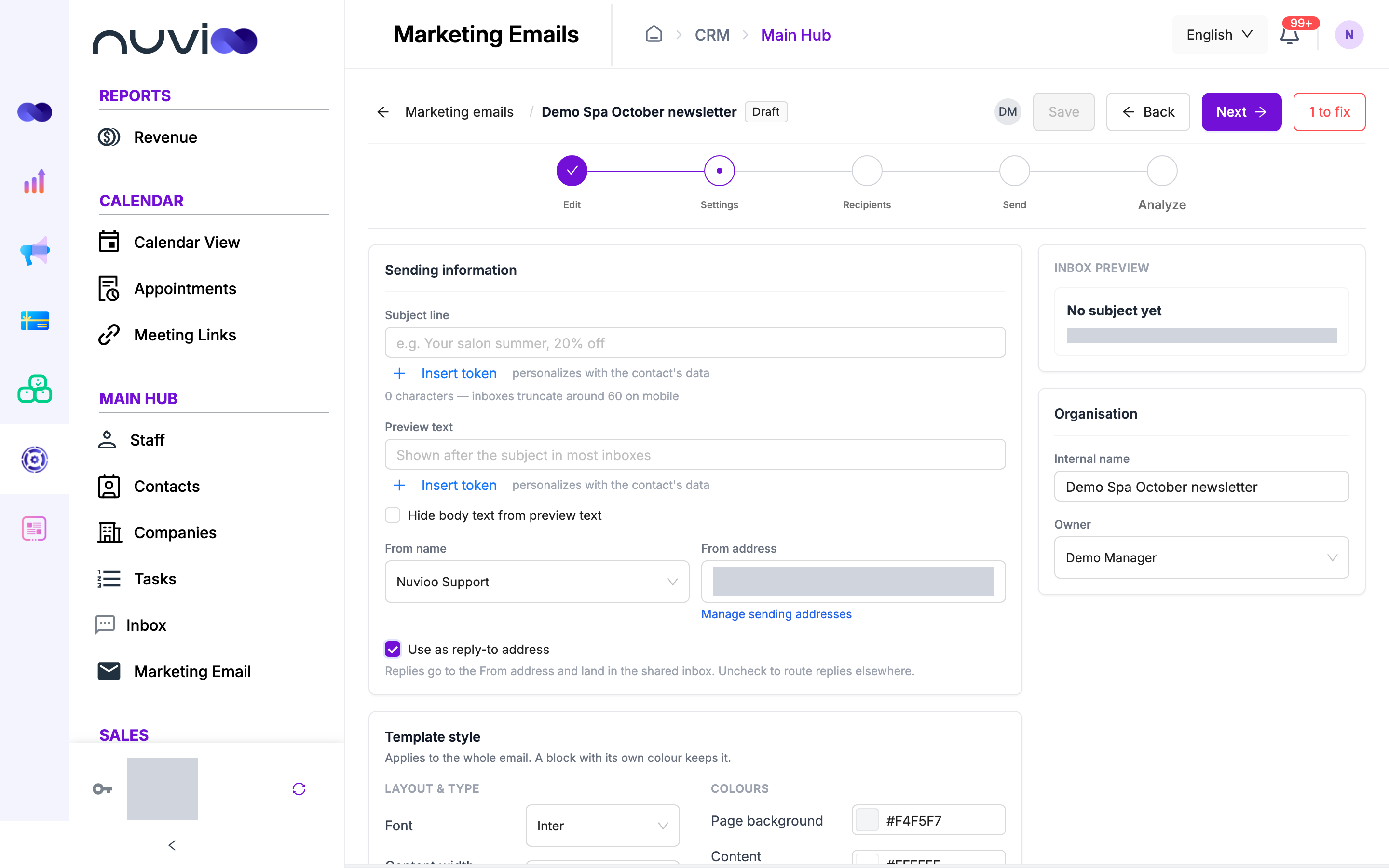 Settings step with subject line, preview text, sender and template style
