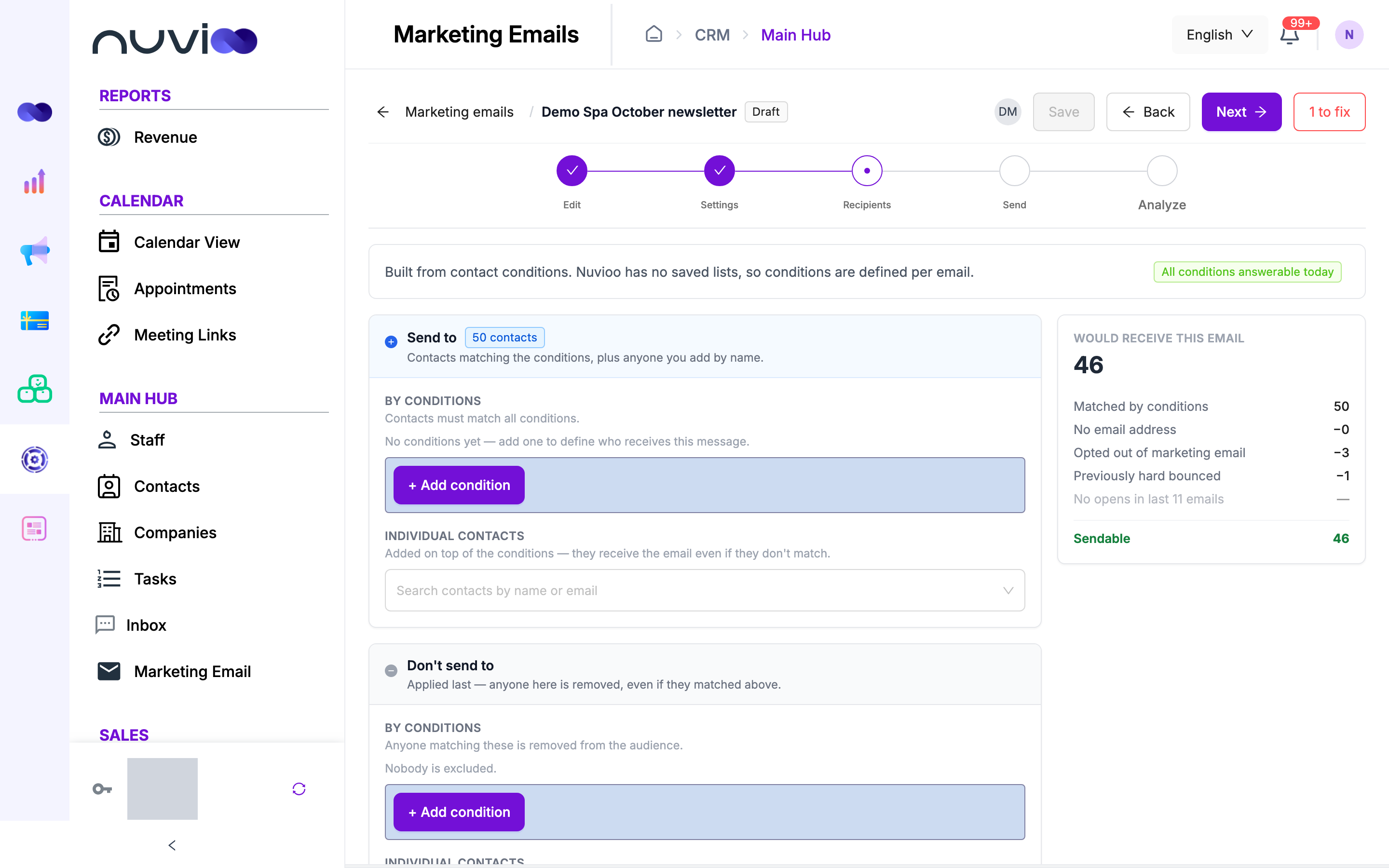 Recipients step with Send to and Don't send to conditions and the recipient count